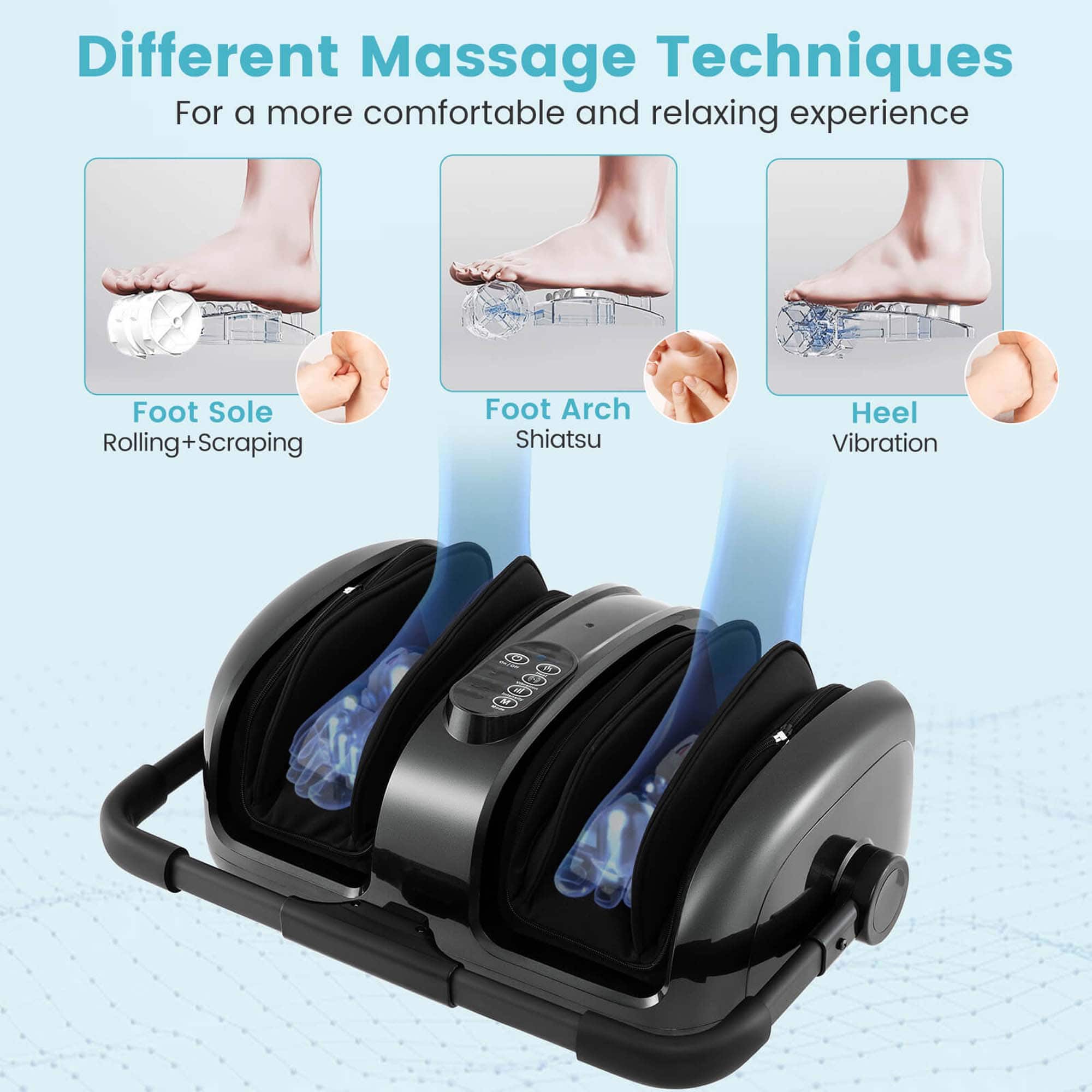 Different Massage Techniques For a more comfortable and relaxing experience: Foot Sole Rolling+Scraping, Foot Arch Shiatsu, Heel Vibration.