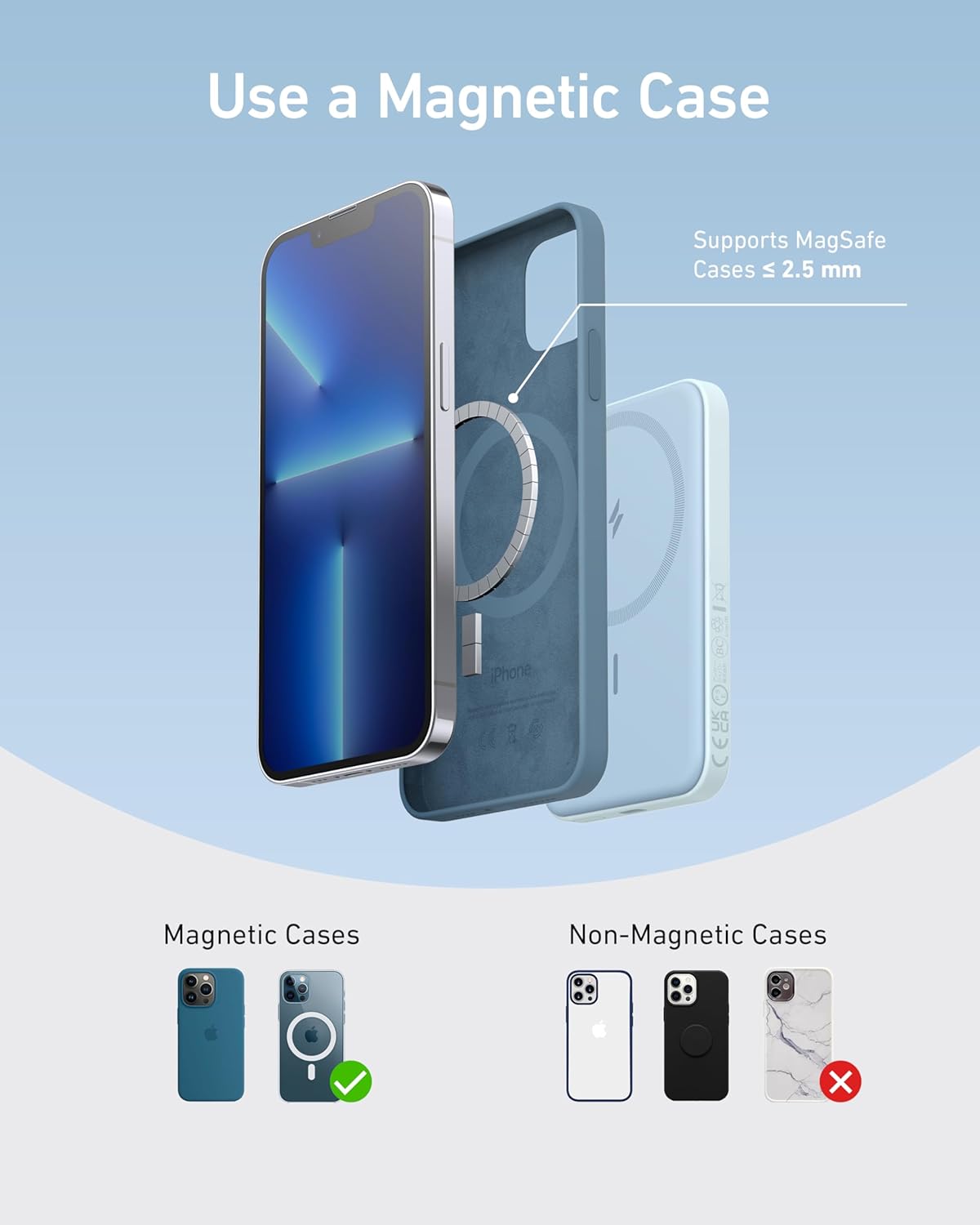 Use a Magnetic Case

Supports MagSafe Cases ≤ 2.5 mm

Magnetic Cases

Non-Magnetic Cases