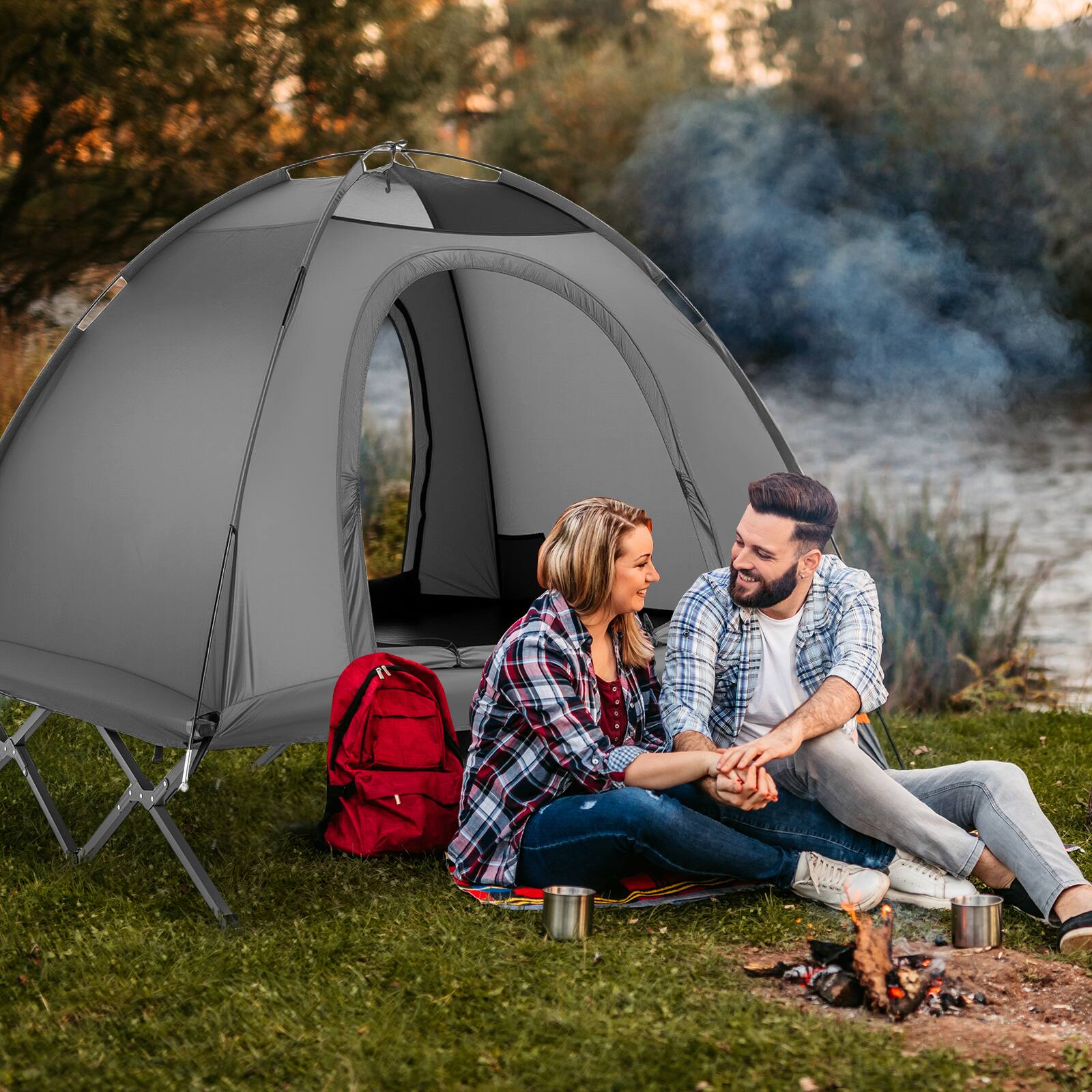 Alt View 3. Gymax - Gymax 2-Person Camping Cot Combo Off-Ground Travel Cot Tent w/Pop-up Tent Shelter - Gray.