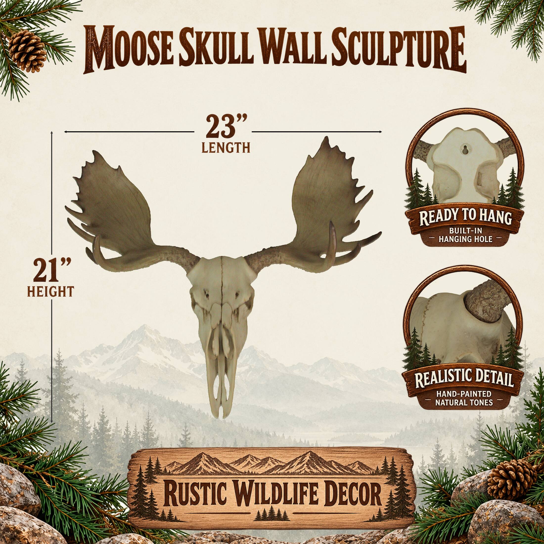 MOOSE SKULL WALL SCULPTURE  
23" LENGTH  
21" HEIGHT  
READY TO HANG BUILT-IN - HANGING HOLE  
REALISTIC DETAIL HAND-PAINTED NATURAL TONES  
RUSTIC WILDLIFE DECOR