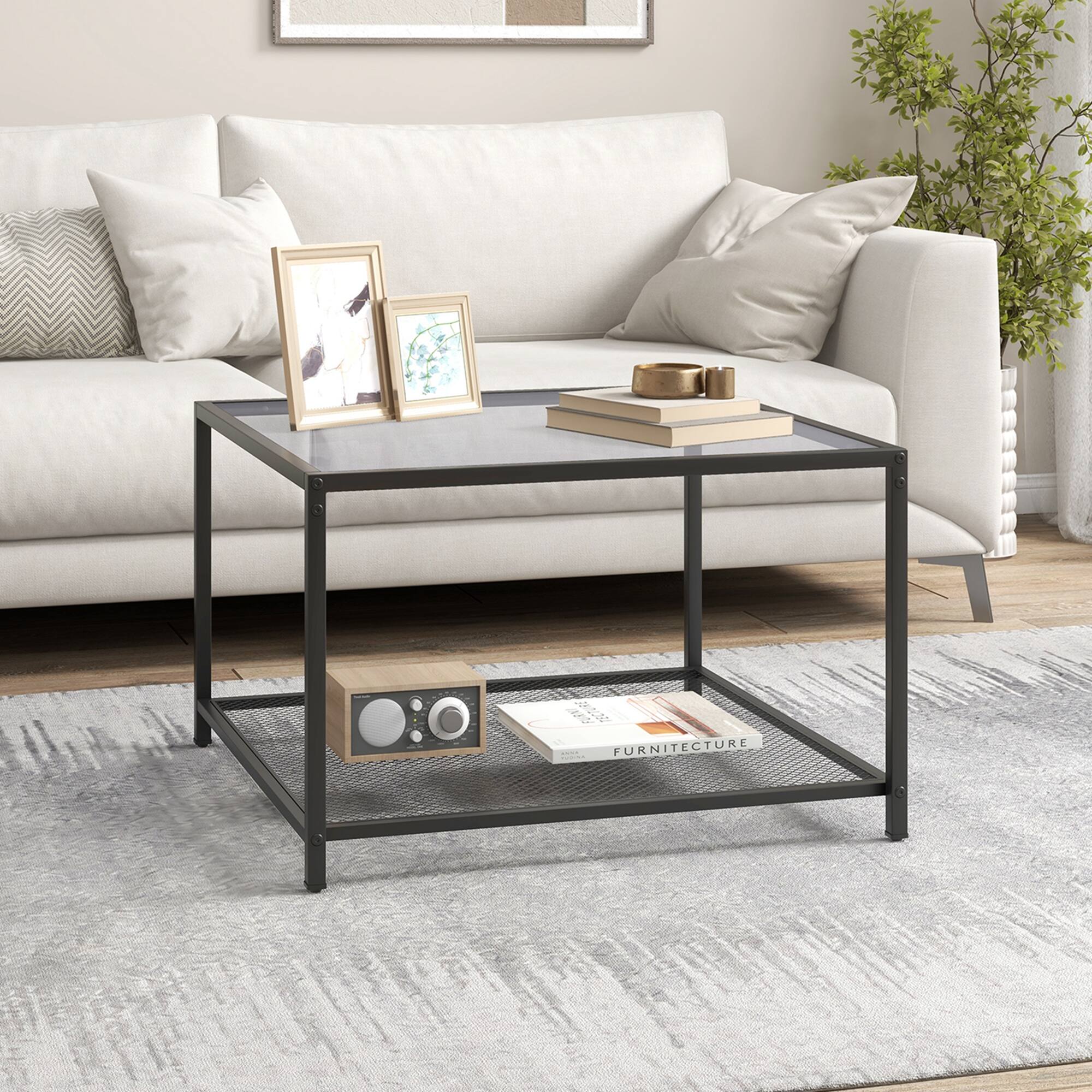 Alt View 12. Costway - Glass Coffee Table 27.5 Inch 2-Tier Square with Mesh Shelf Living Room Grey - Grey and Black.