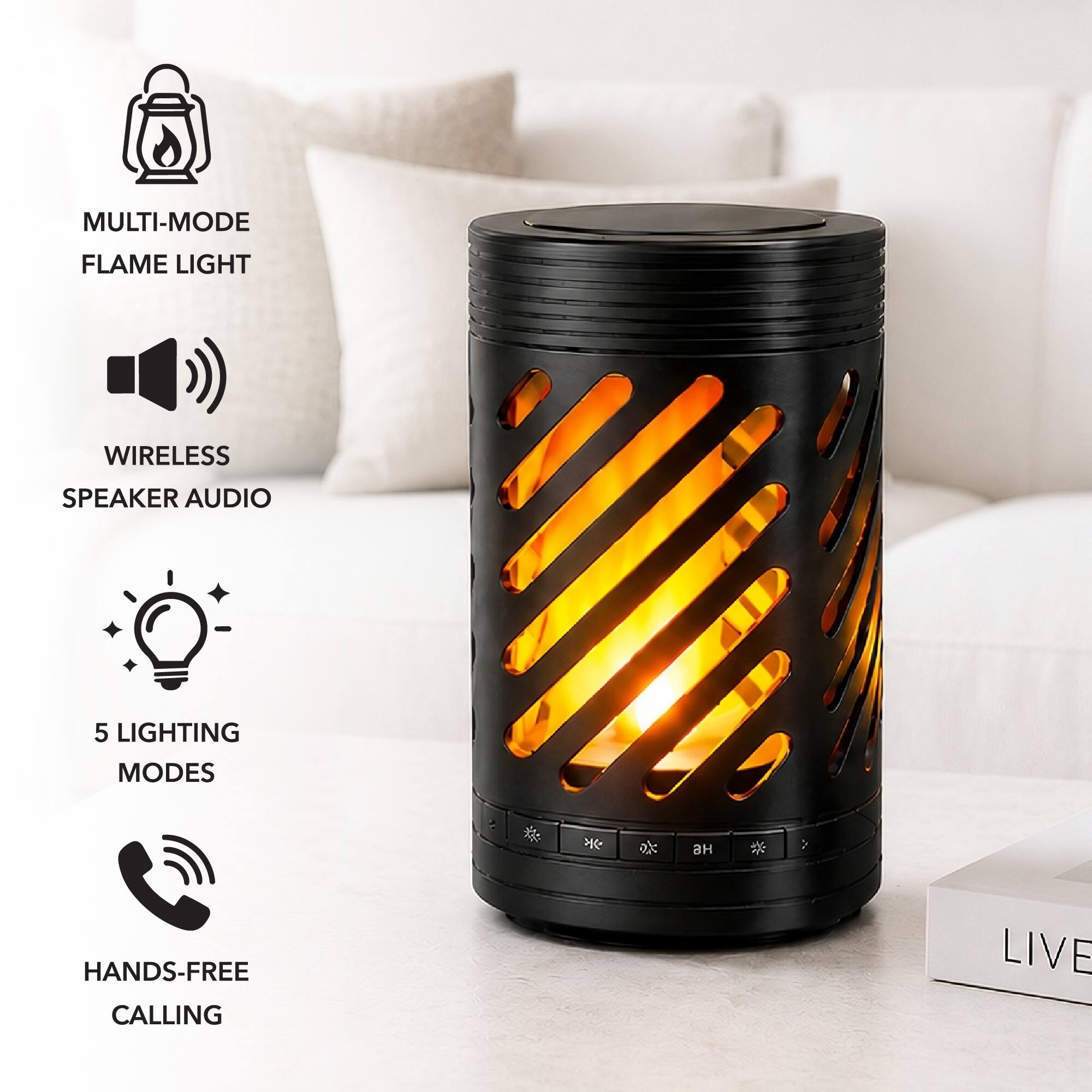 MULTI-MODE FLAME LIGHT  
WIRELESS SPEAKER AUDIO  
5 LIGHTING MODES  
HANDS-FREE CALLING