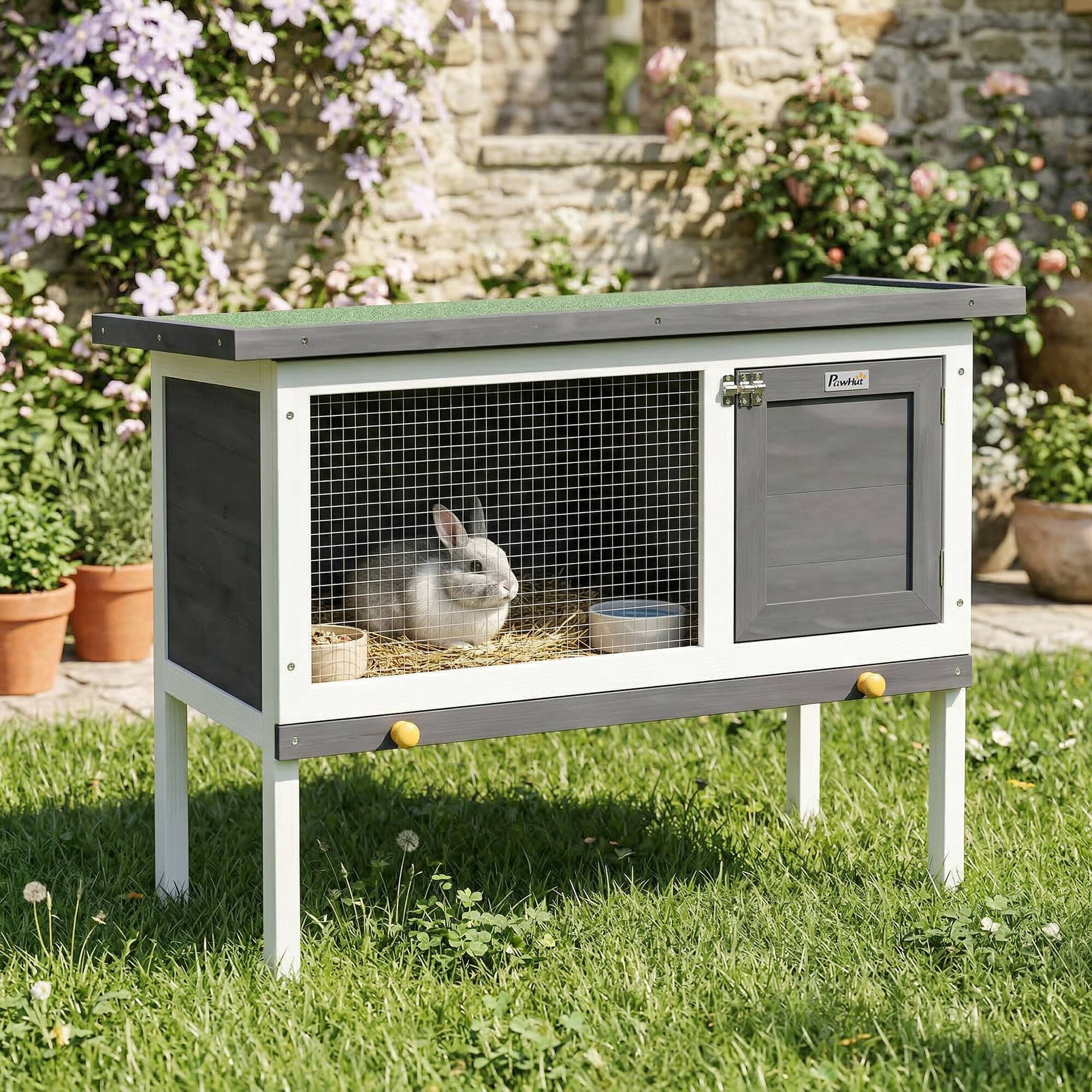 Alt View 7. Pawhut - Rabbit Hutch, Guinea Pig Hutch with Asphalt Roof - Gray.