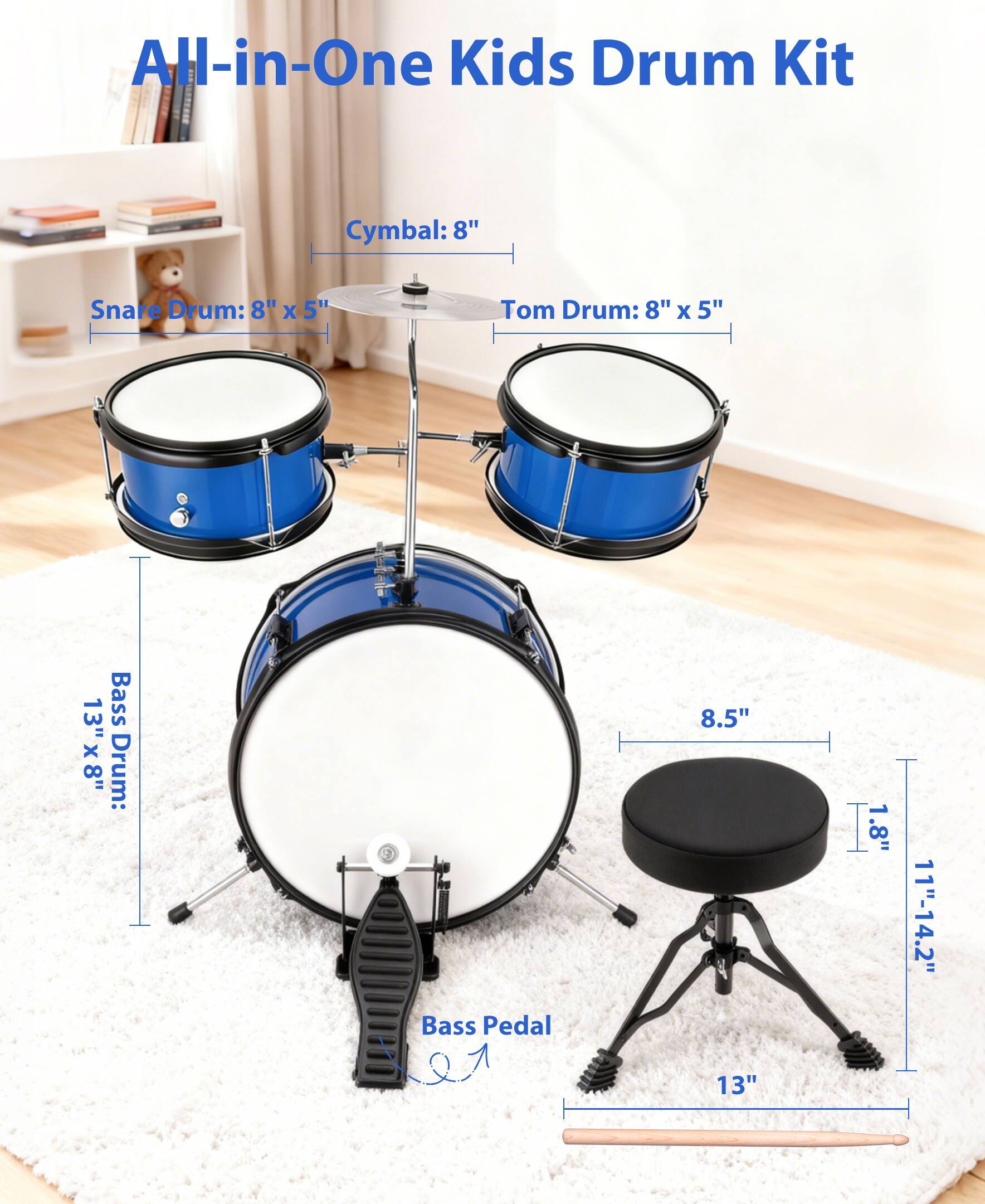 Left. Sugift - 3-Piece Kids Drum Set with Adjustable Stool, Bass Pedal & Cymbal – Realistic Junior Drum Kit for Ages 3+ - Blue.