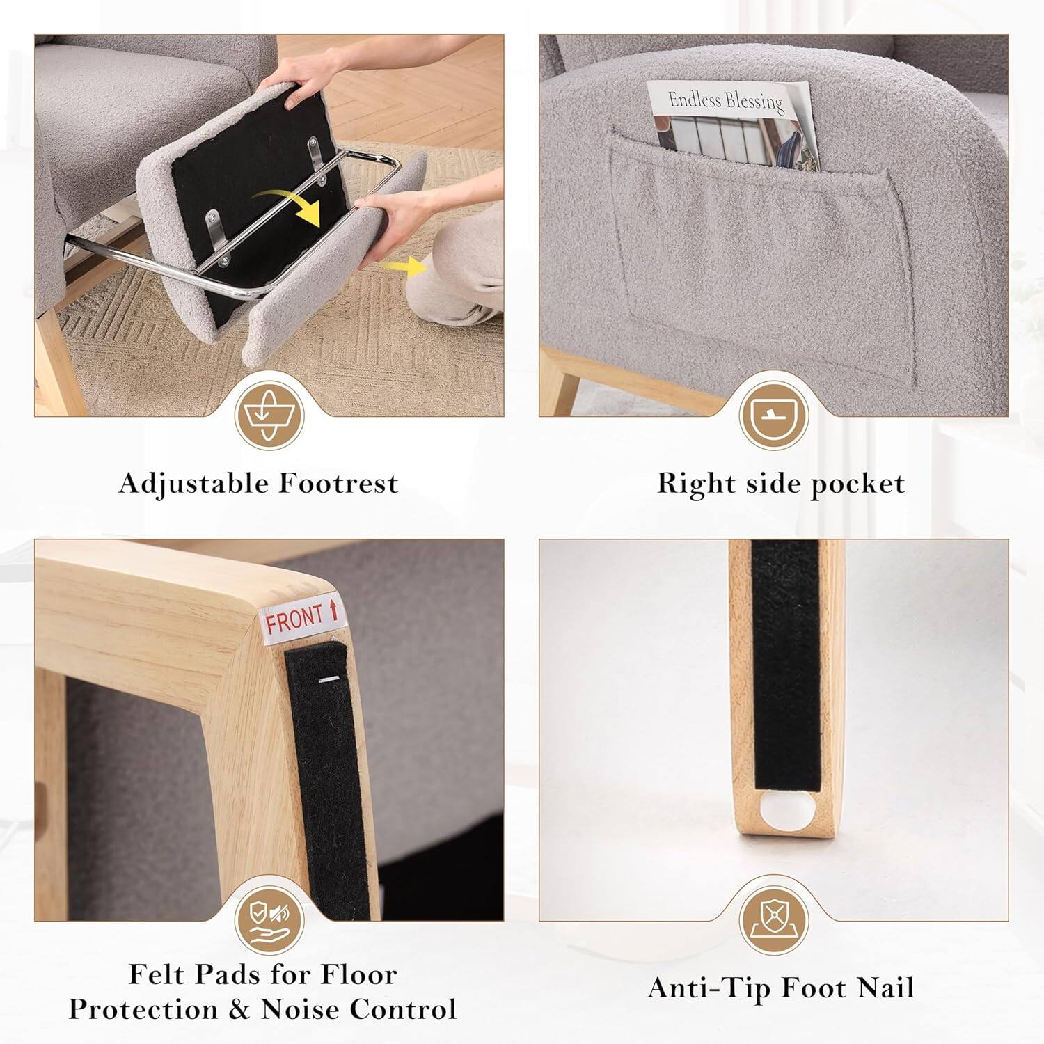 - Adjustable Footrest
- Right side pocket
- Felt Pads for Floor Protection & Noise Control
- Anti-Tip Foot Nail