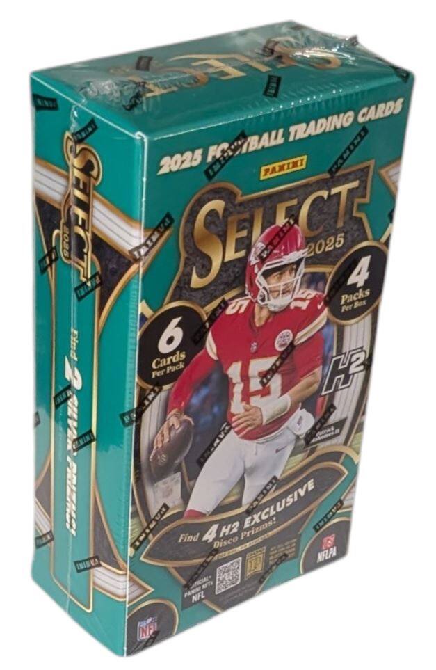 2025 Football Trading Cards  
Panini Select  
2025  
4 Packs Per Box  
6 Cards Per Pack  
Find 4 H2 Exclusive Disco Prizms!  
NFL  
NFLPA