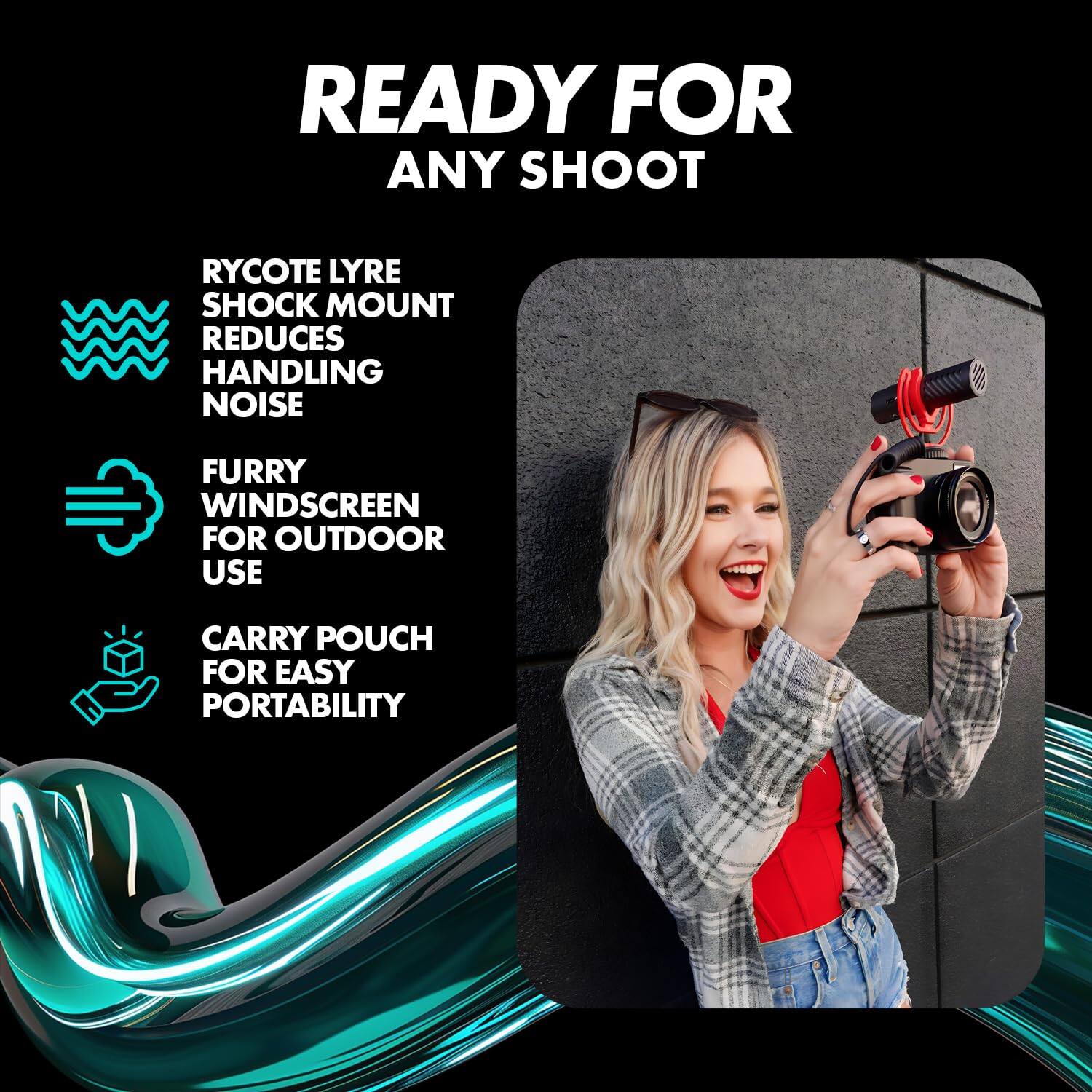 READY FOR ANY SHOOT

RYCOTE LYRE SHOCK MOUNT REDUCES HANDLING NOISE

FURRY WINDSCREEN FOR OUTDOOR USE

CARRY POUCH FOR EASY PORTABILITY