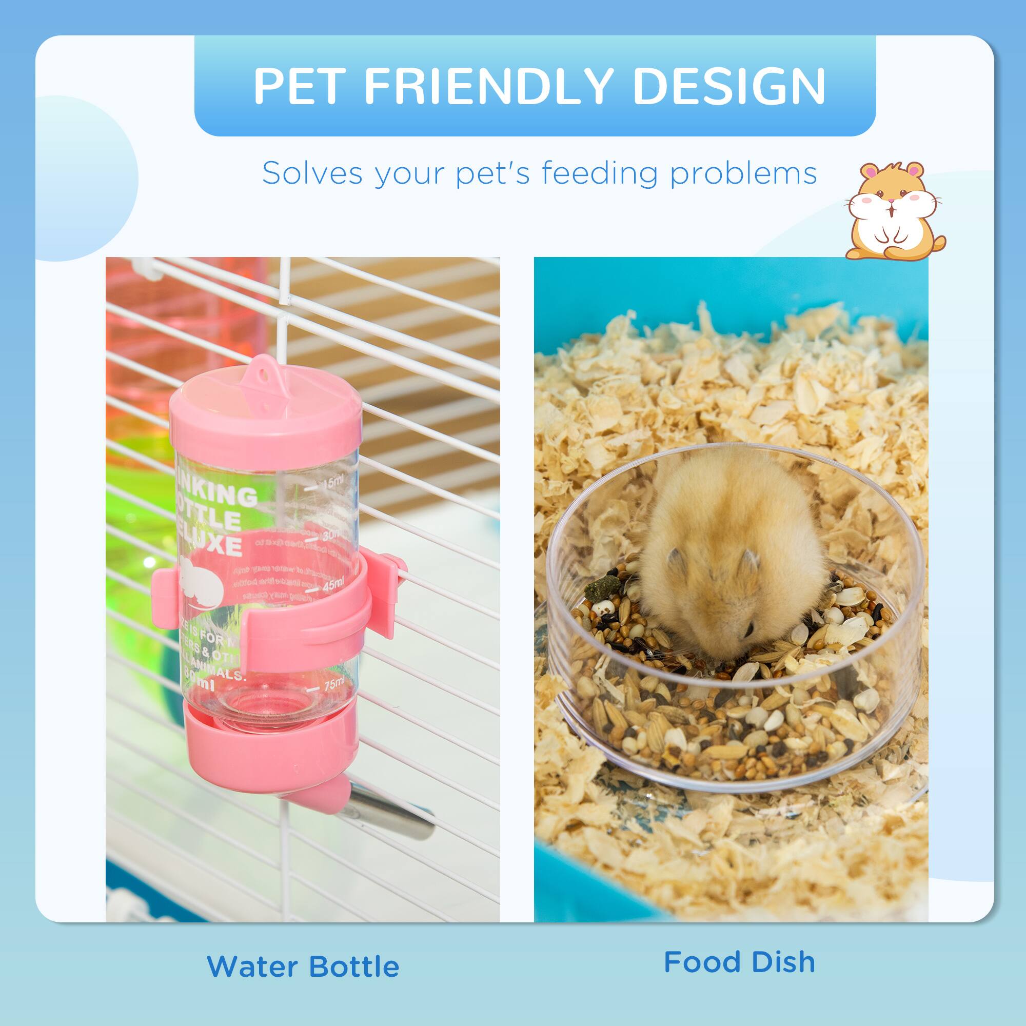 PET FRIENDLY DESIGN  
Solves your pet's feeding problems  

Water Bottle  
Food Dish
