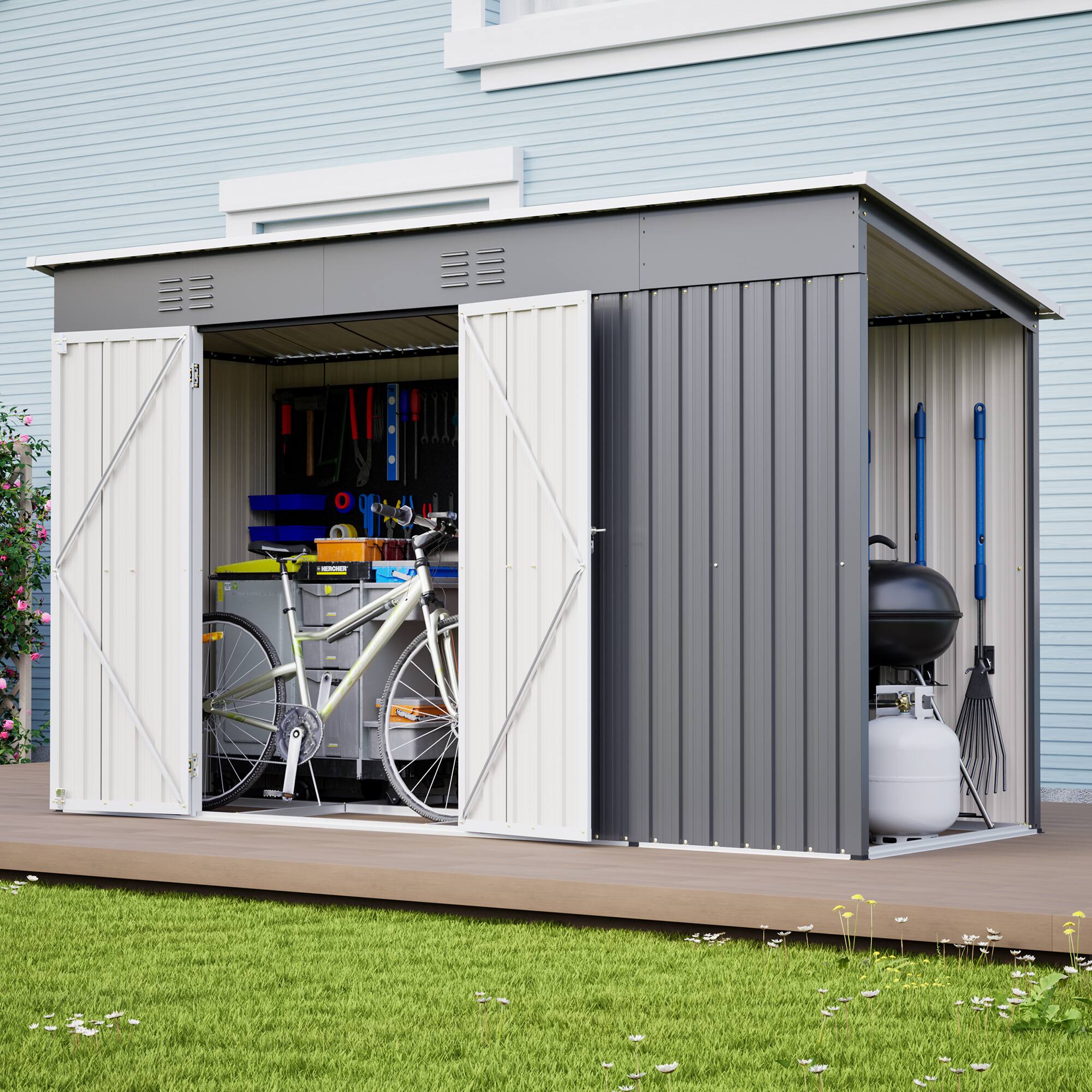 Alt View 8. Loheer - Loheer 10x4 Outdoor Metal Storage Shed for Garden Tools with Floor Frame and Lockable Door Grey Backyard Utility Shed.