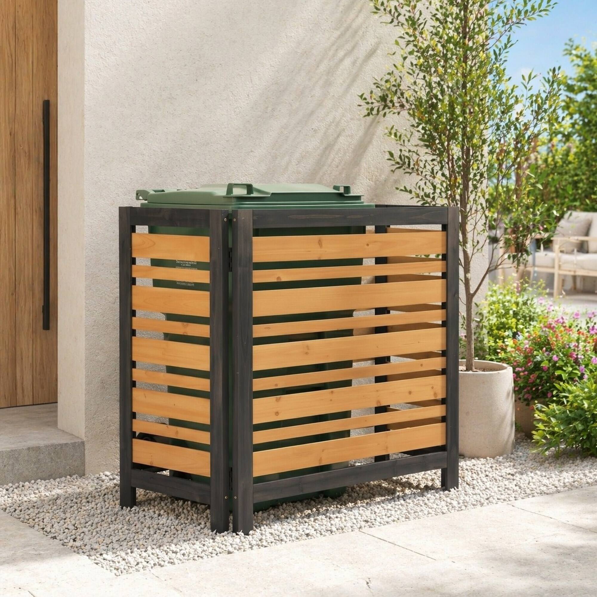 Angle. RYHNUYNE - 3 Panel Outdoor Privacy Fence Screen for Air Conditioner, Wood Patio Backyard Enclosure, 38 by 42 Inch - Black+Gold.