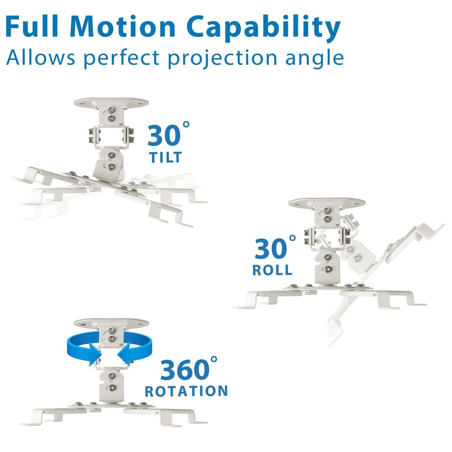 Full Motion Capability  
Allows perfect projection angle  

30° TILT  
30° ROLL  
360° ROTATION