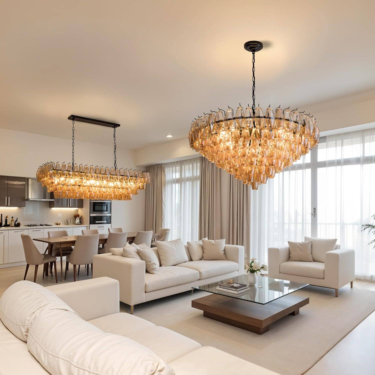 Back. Tiramisubest - Modern Round Chandelier, 37" Extra Large Black Chandeliers, 14-Light with Tiered Smoke Glass Tubes Ceiling Light - Black.