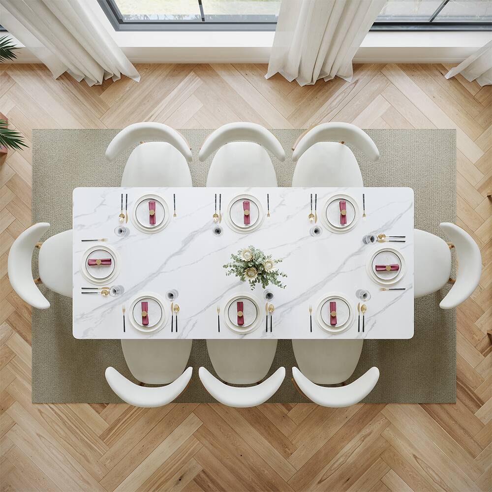 Back. POVISON - 93.7"Modern Luxury Dining Table for 8, Glossy White Sintered Stone Table, Rectangular Dining Room Table, Double Pedestal - White.