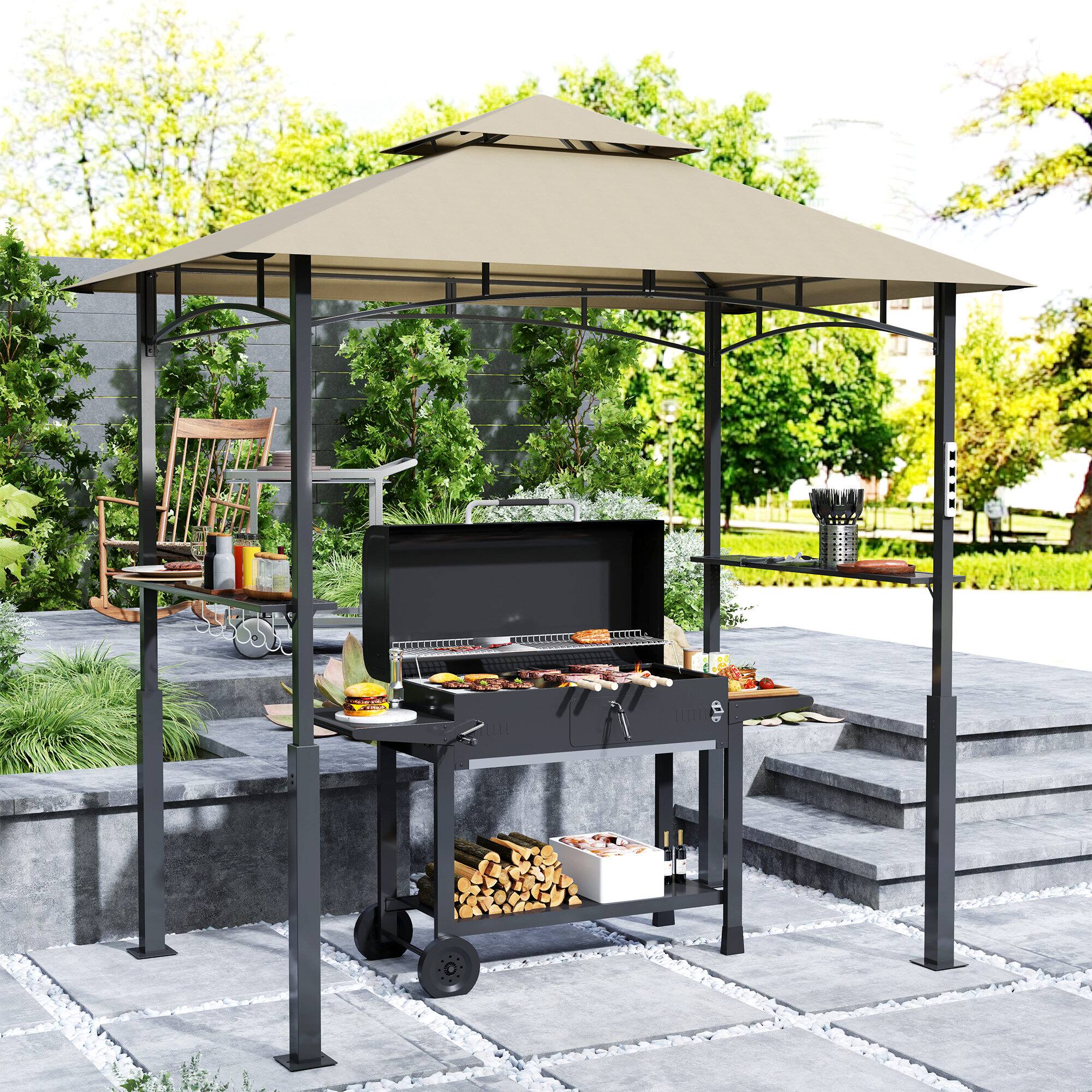 Alt View 1. Outsunny - 8' x 5' Grill Gazebo, Double Tiered Outdoor BBQ Gazebo with LED Light, 2 Side Shelves, Hooks and Bottle Opener - Khaki.