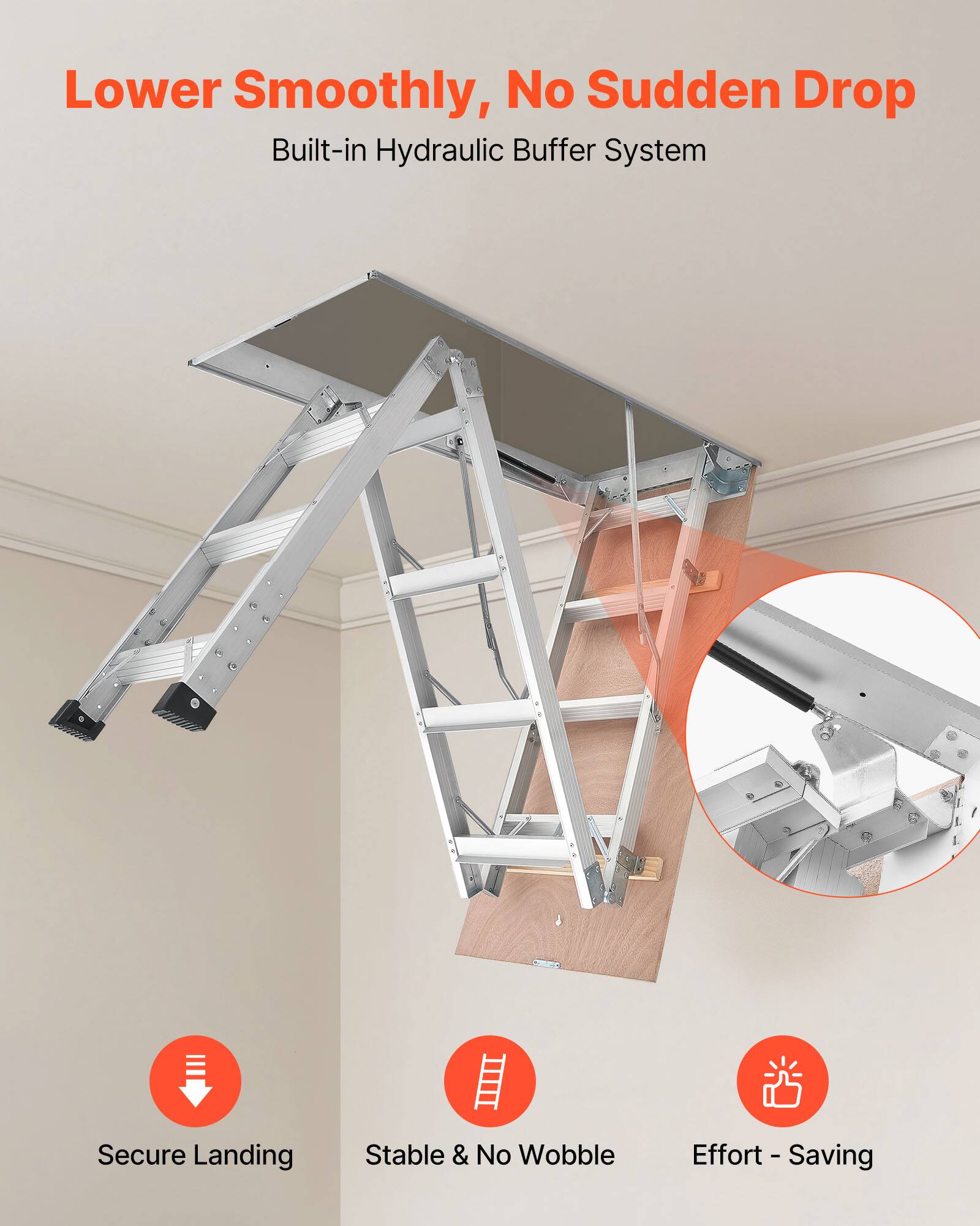 Lower Smoothly, No Sudden Drop  
Built-in Hydraulic Buffer System  

Secure Landing  
Stable & No Wobble  
Effort-Saving
