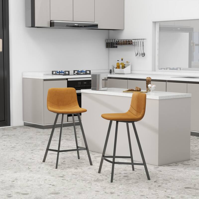 Alt View 4. LeisureMod - Elland Counter Stool, Modern Upholstered Leather Counter Height Barstool with Iron Legs and Footrest - Light Brown.