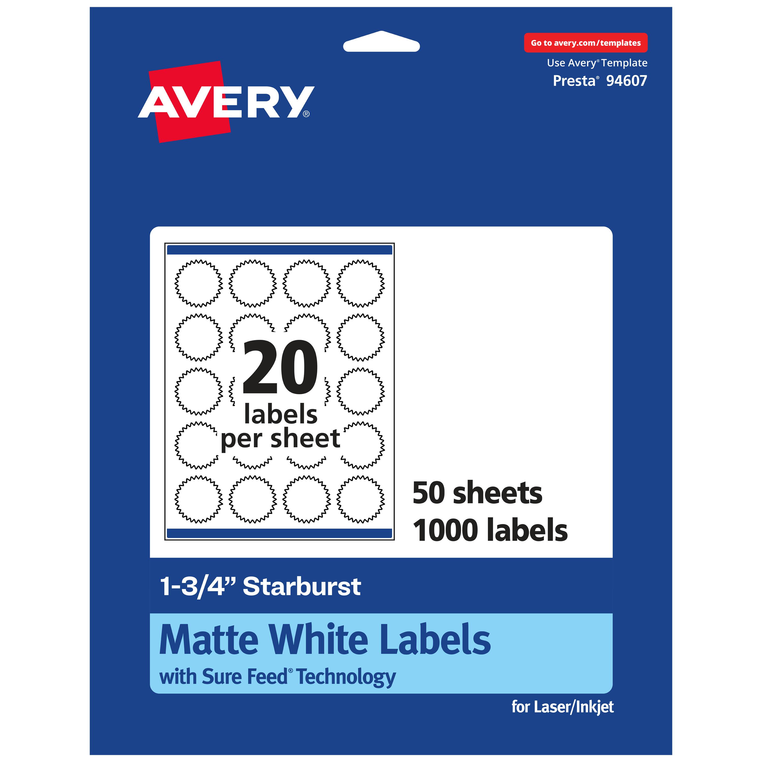 Go to avery.com/templates  
AVERY  
Use Avery Template Presta 94607  
20 labels per sheet  
50 sheets  
1000 labels  
1-3/4" Starburst Matte White Labels with Sure Feed Technology for Laser/Inkjet
