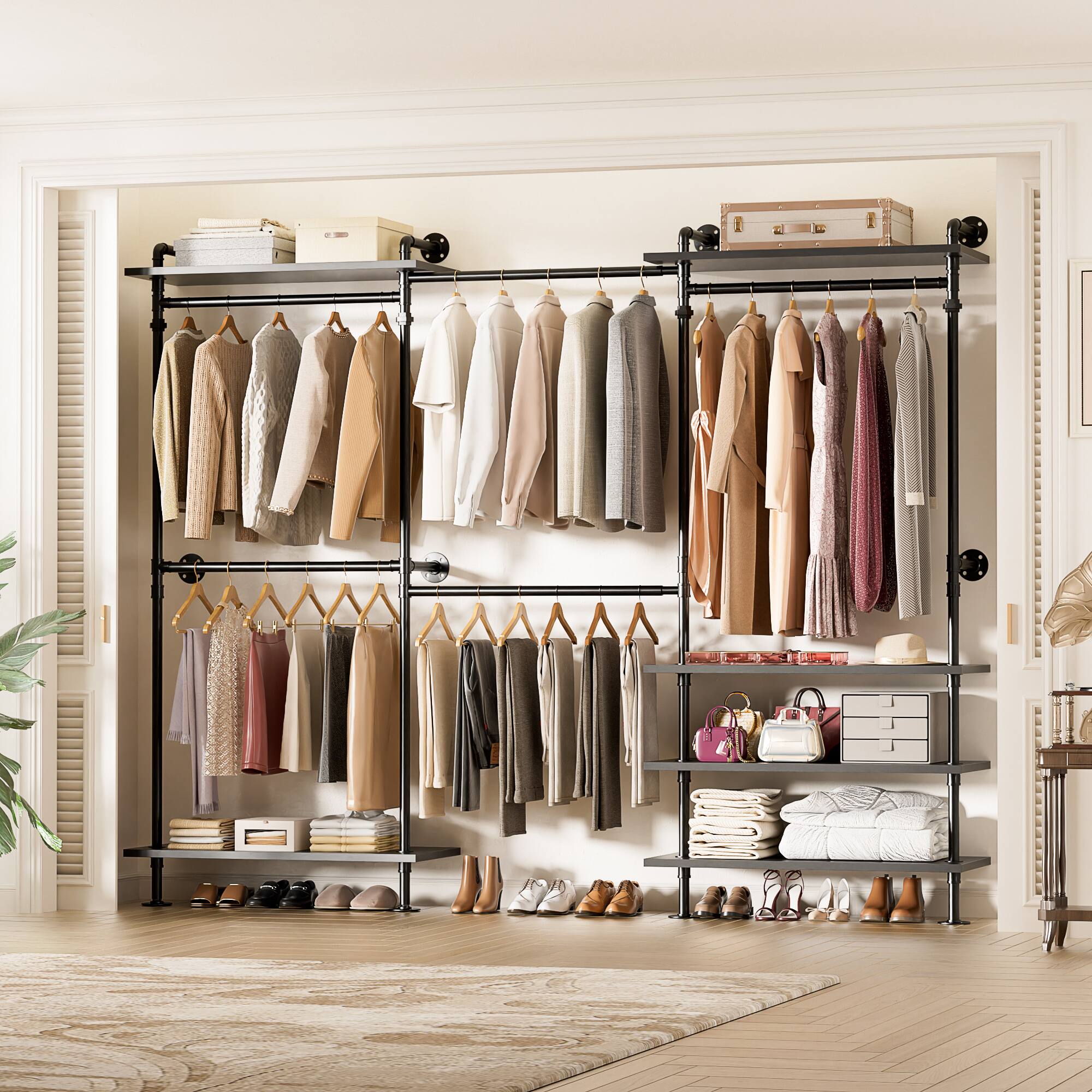 Alt View 3. Aheaplus - Wall-Mounted Pipe Clothing Rack with Shelves, Width Adjustable Garment Rack, L-Shaped/Straight Reversible - Black.