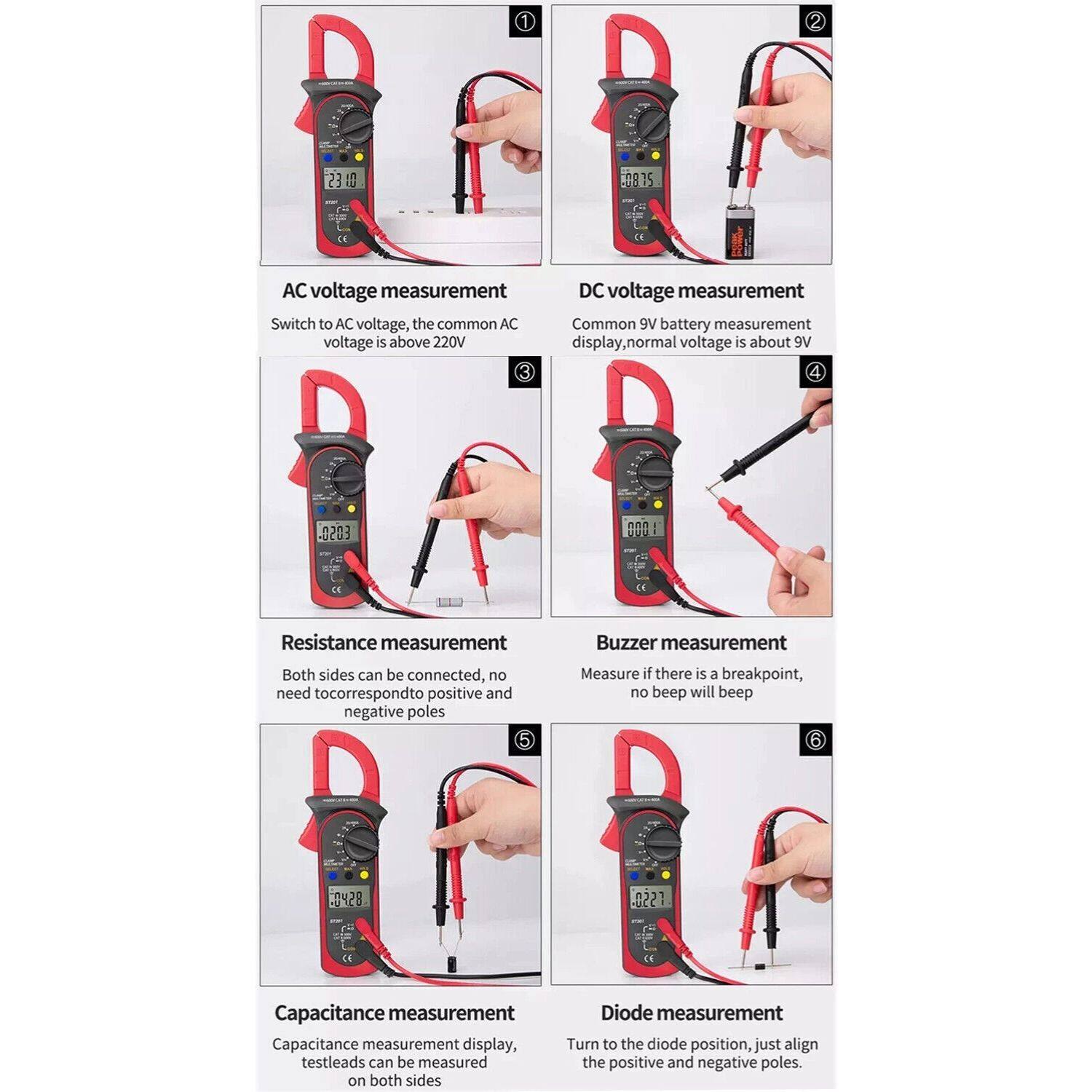 1. AC voltage measurement  
   Switch to AC voltage, the common AC voltage is above 220V

2. DC voltage measurement  
   Common 9V battery measurement display, normal voltage is about 9V

3. Resistance measurement  
   Both sides can be connected, no need to correspond to positive and negative poles

4. Buzzer measurement  
   Measure if there is a breakpoint, no beep will beep

5. Capacitance measurement  
   Capacitance measurement display, test leads can be measured on both sides

6. Diode measurement  
   Turn to the diode position, just align the positive and negative poles