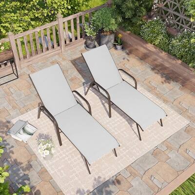 Alt View 7. Crestlive Products - Crestlive Products Set of 2 Brown Metal Frame Adjustbale Chaise Lounge Chair with Texteline Sling Seat - Light Gray.
