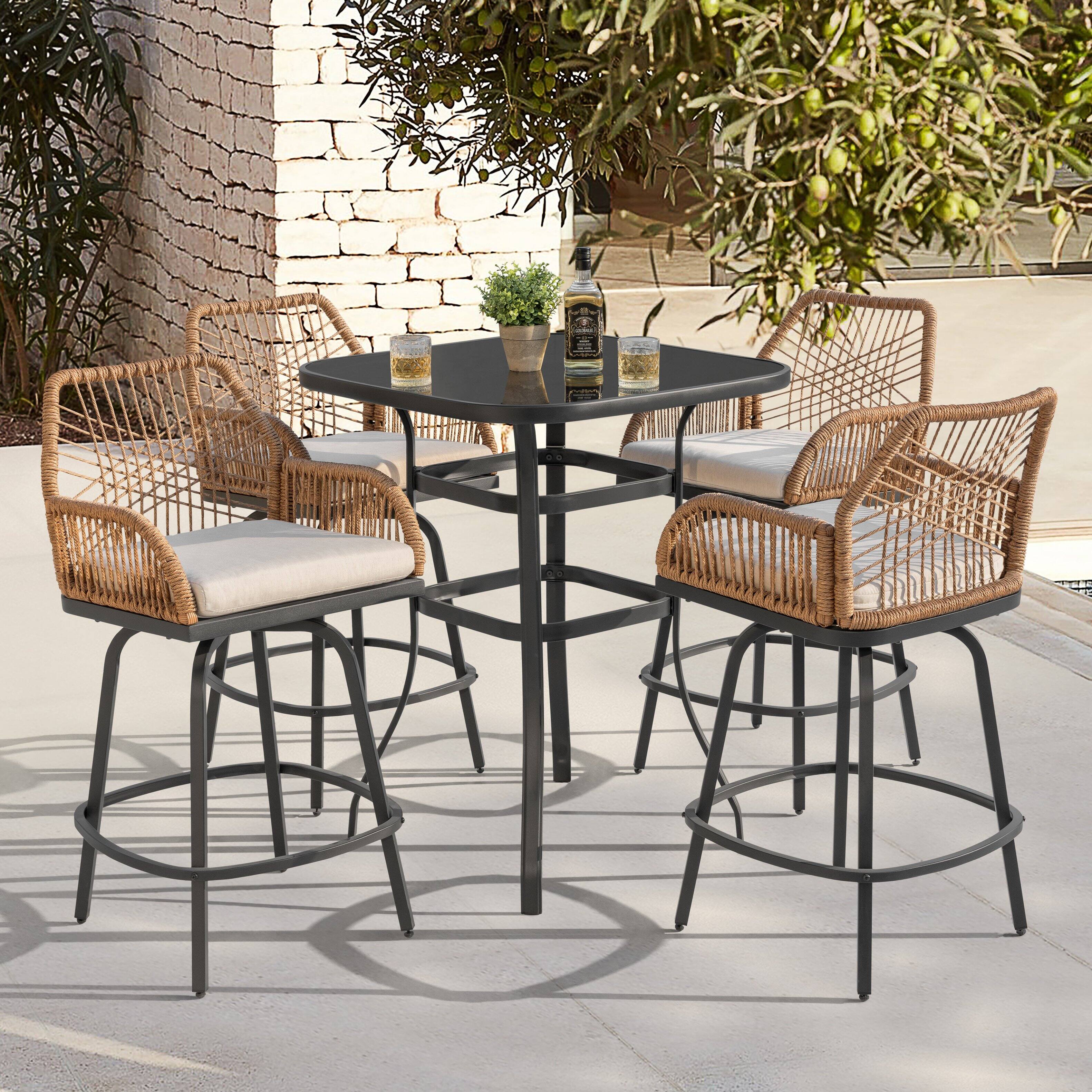 Angle. Nuu Garden - Swivel Patio Bar Set with Cushions, Handwoven Twisted Rattan Design - 5pc Glass Top.