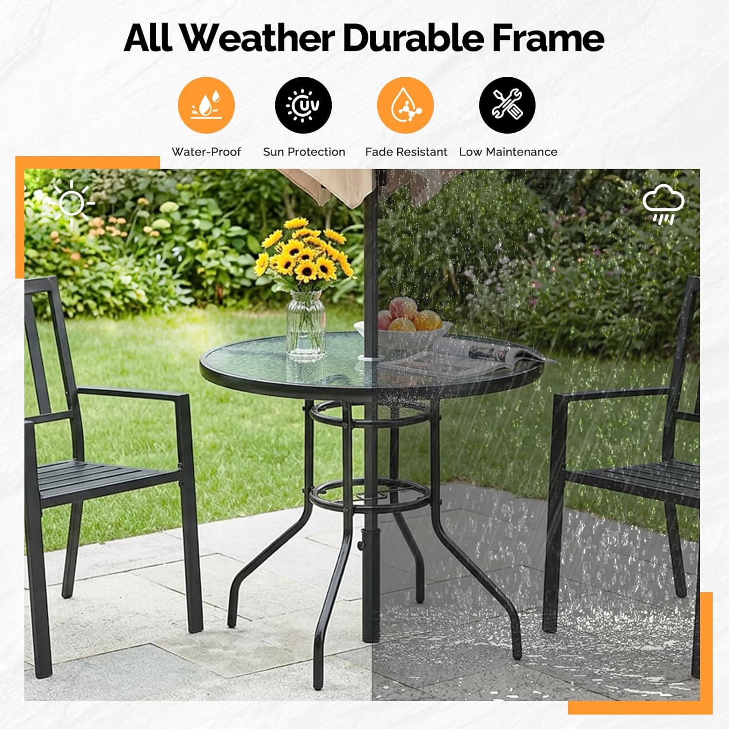 All Weather Durable Frame

- Water-Proof
- Sun Protection
- Fade Resistant
- Low Maintenance