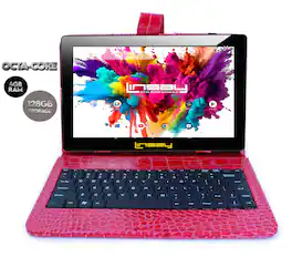 LINSAY - 10.1" Octa Core 128GB Storage Android 15 Tablet Dual Camera Android with Crocodile Keyboard - Red
