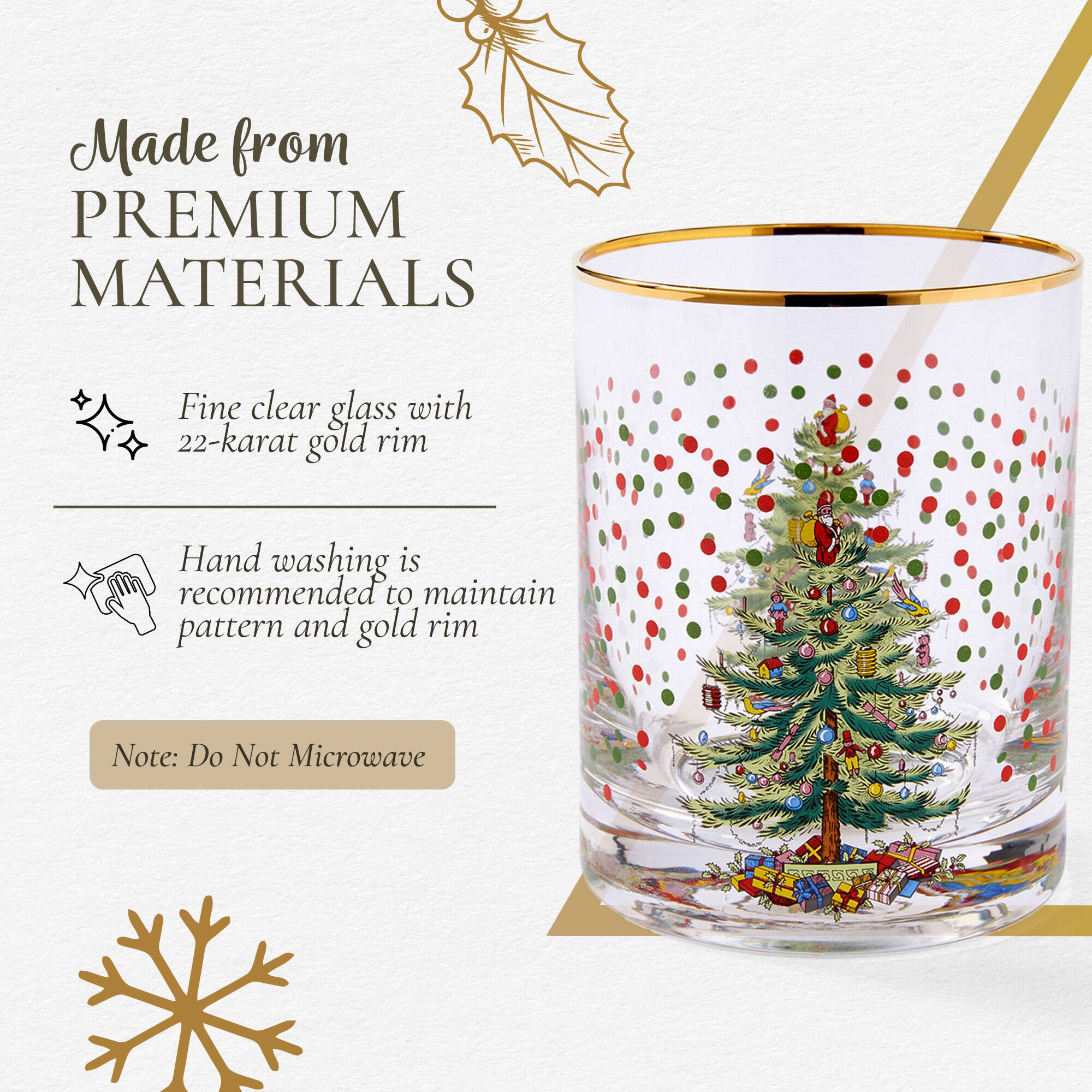 Made from PREMIUM MATERIALS

Fine clear glass with 22-karat gold rim

Hand washing is recommended to maintain pattern and gold rim

Note: Do Not Microwave