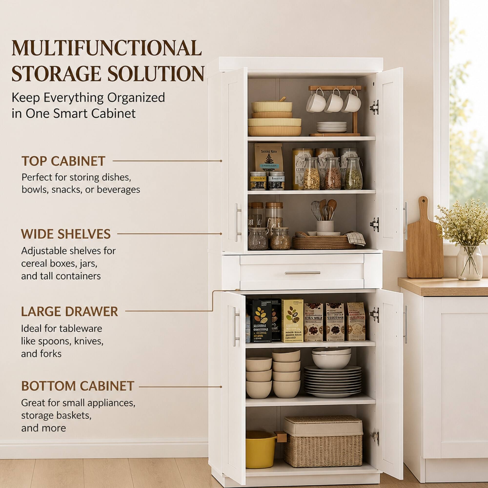 MULTIFUNCTIONAL STORAGE SOLUTION  
Keep Everything Organized in One Smart Cabinet

TOP CABINET  
Perfect for storing dishes, bowls, snacks, or beverages

WIDE SHELVES  
Adjustable shelves for cereal boxes, jars, and tall containers

LARGE DRAWER  
Ideal for tableware like spoons, knives, and forks

BOTTOM CABINET  
Great for small appliances, storage baskets, and more