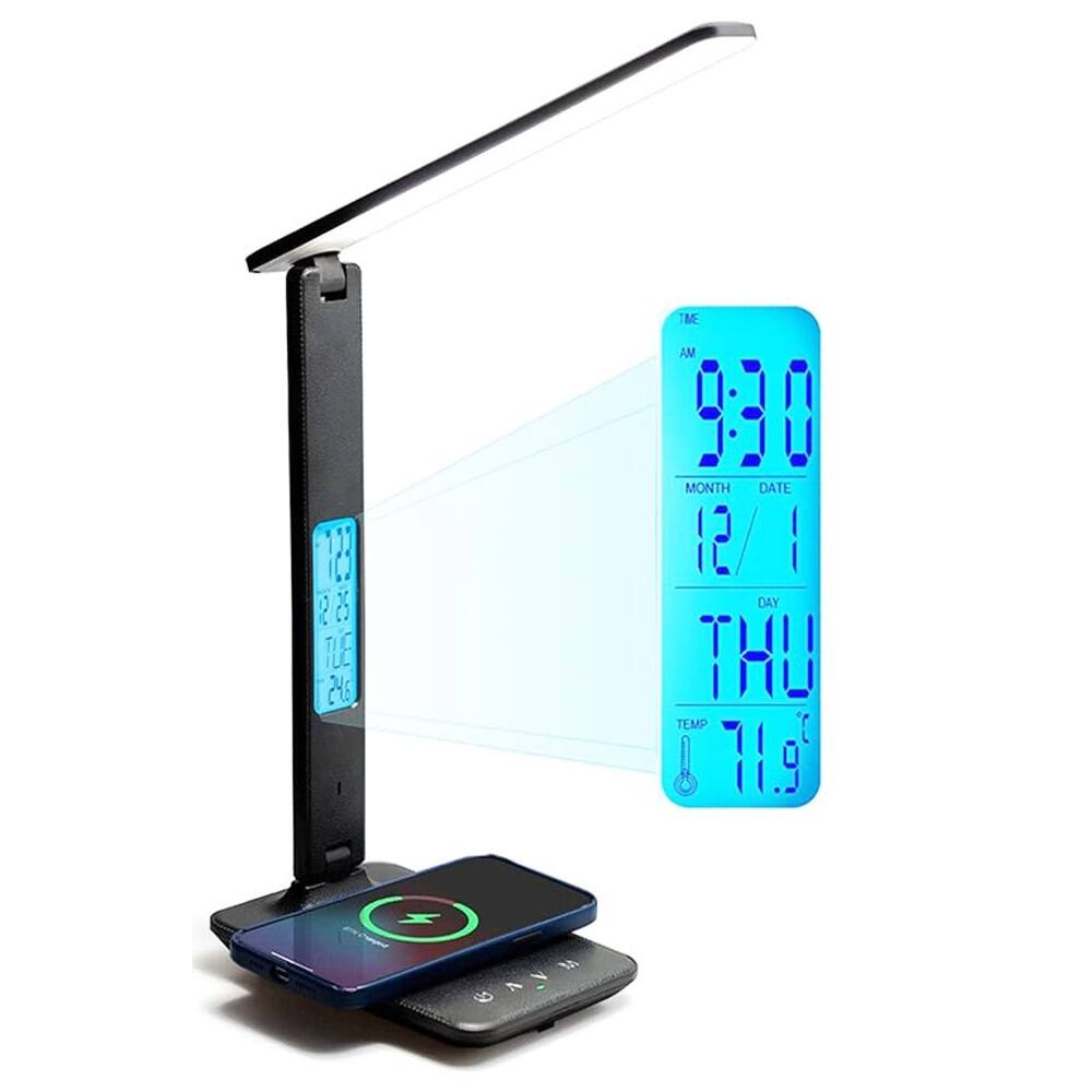 Dazzed Corner - LED Desk Lamp with 15W Wireless Charger, Digital Alarm Clock - Black