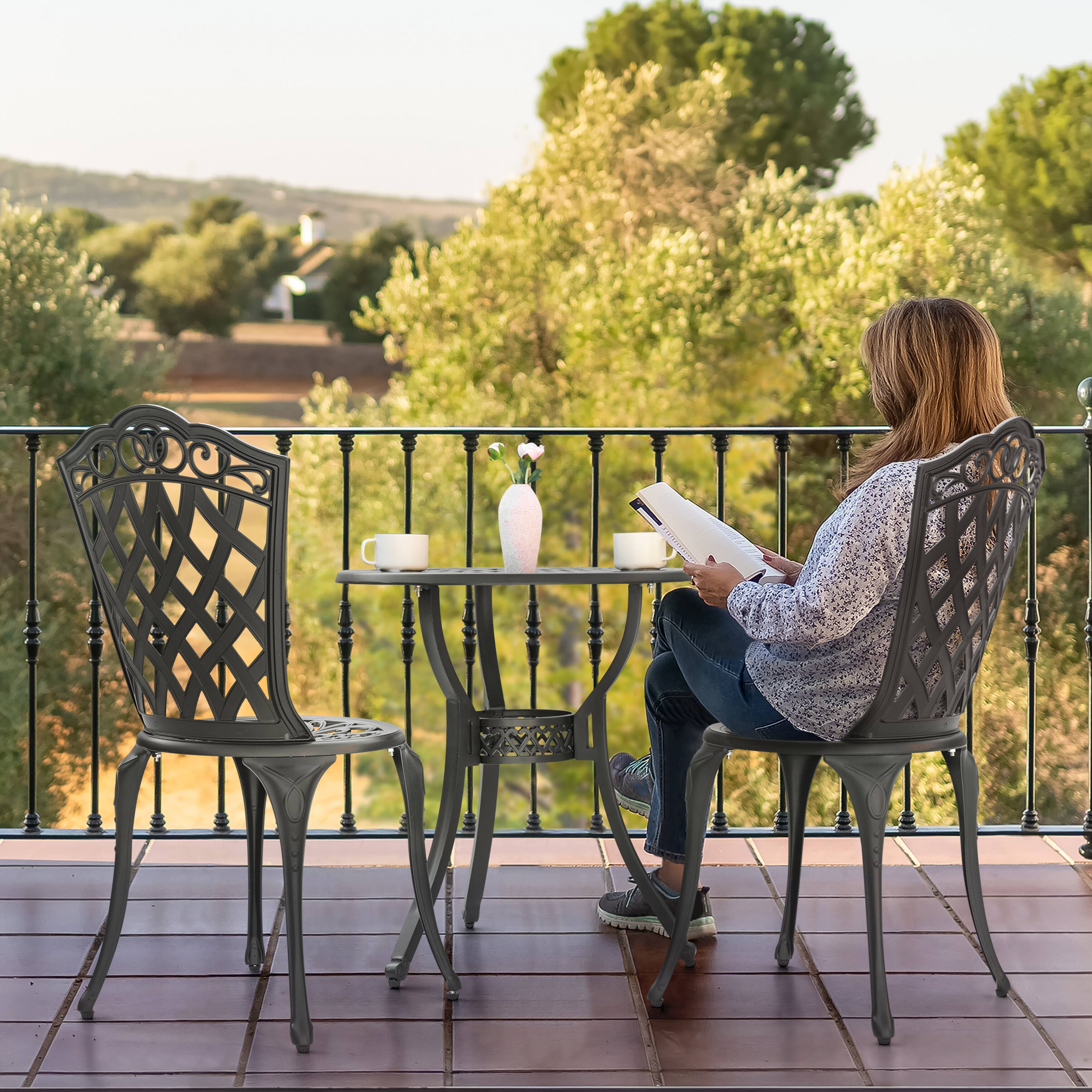 Back. Nuu Garden - 3-Piece Round Patio Bistro Set，Cast Aluminum Bistro Table with Umbrella Hole and Chairs Set of 2 - black.
