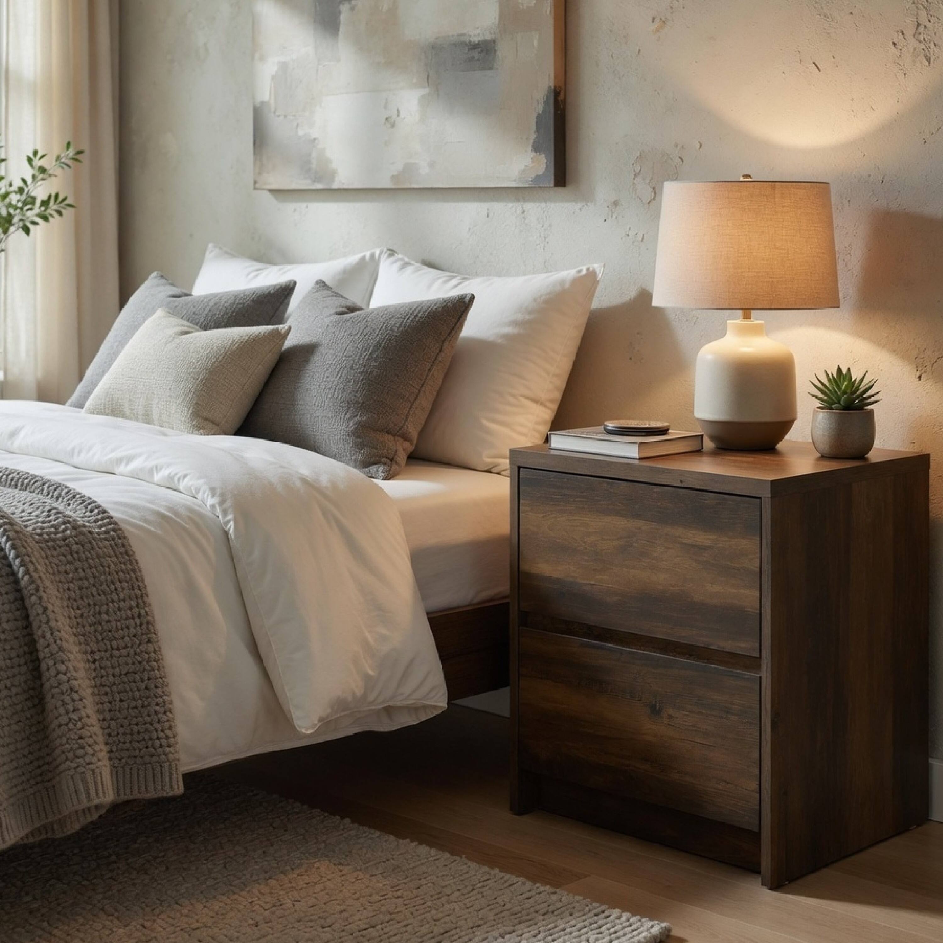 Alt View 8. Manhattan Lane - Park Nightstand, 2 Drawers, LED Light & USB Ports, Dark Pine Wood - Dark Pine Brown.