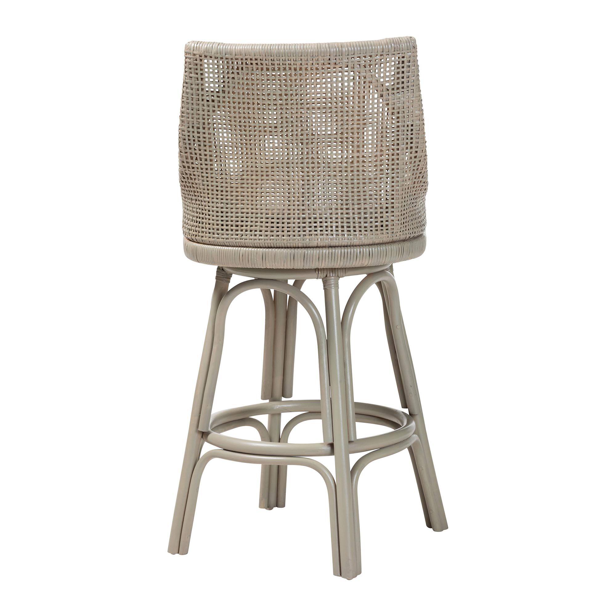 Left. bali & pari - Bella Swivel Rattan Bar Stool with Cushion - Handwoven Wicker Bar Chair with Backrest and Footrest - French Grey.