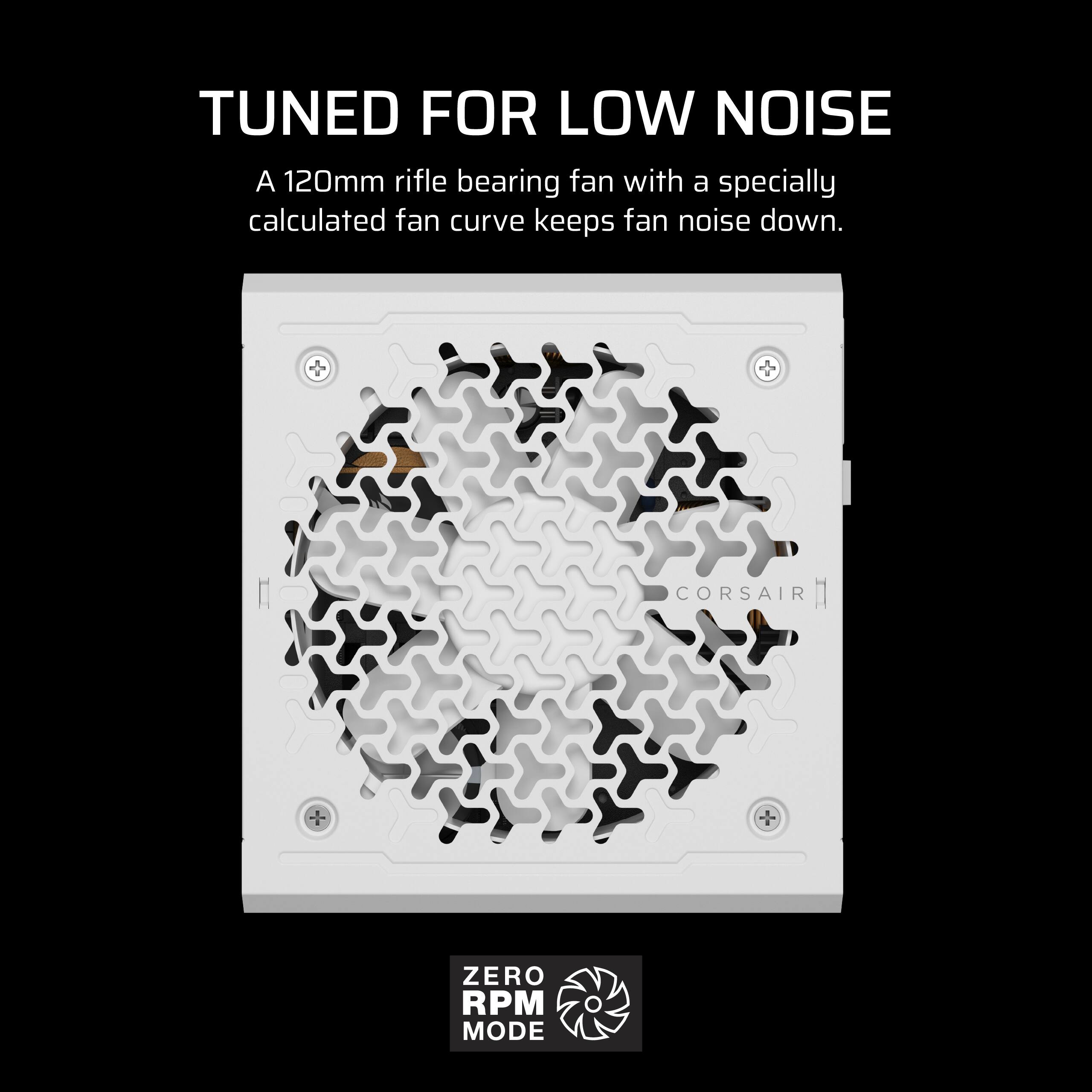The image features a 120mm rifle bearing fan with a special fan curve designed to keep fan noise down. The fan is advertised as tuned for low noise, making it an ideal choice for users who prioritize quiet operation. Additionally, the fan is compatible with Corsair's Zero RPM Mode, which allows the fan to stop spinning when not in use, further reducing noise and energy consumption.