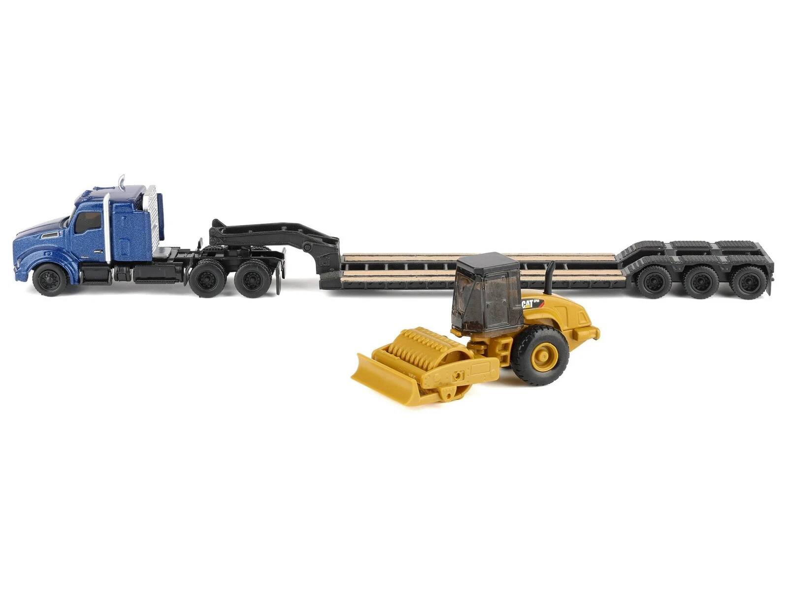 Alt View 3. Diecast Masters - Kenworth T880 Tractor Blue Metallic with Trailer and CAT Padfoot Roller Yellow 1/87 (HO) Scale Model by Diecast Masters.