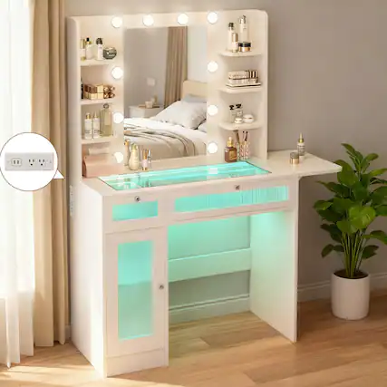 Front. Dyonery - Dyonery white dressing table is equipped with a mirror and a desk lamp, and comes with a USB charging port - White.