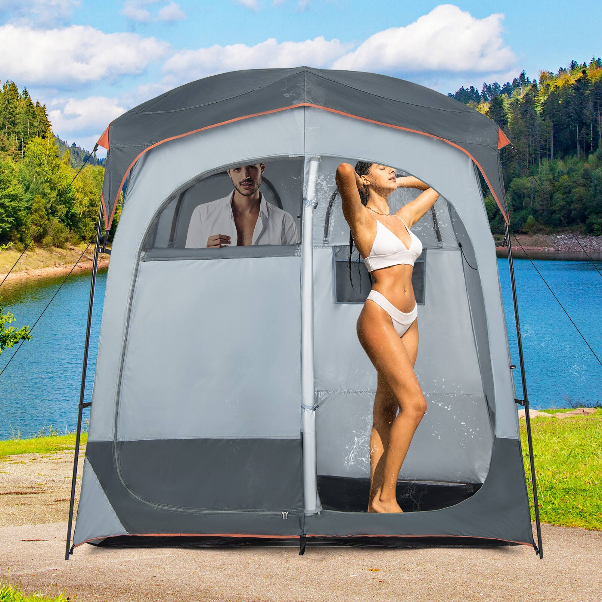 Alt View 1. Costway - Costway 2 Room Shower Tent Oversize Privacy Shelter Portable Dressing Toilet Outdoor - Gray.