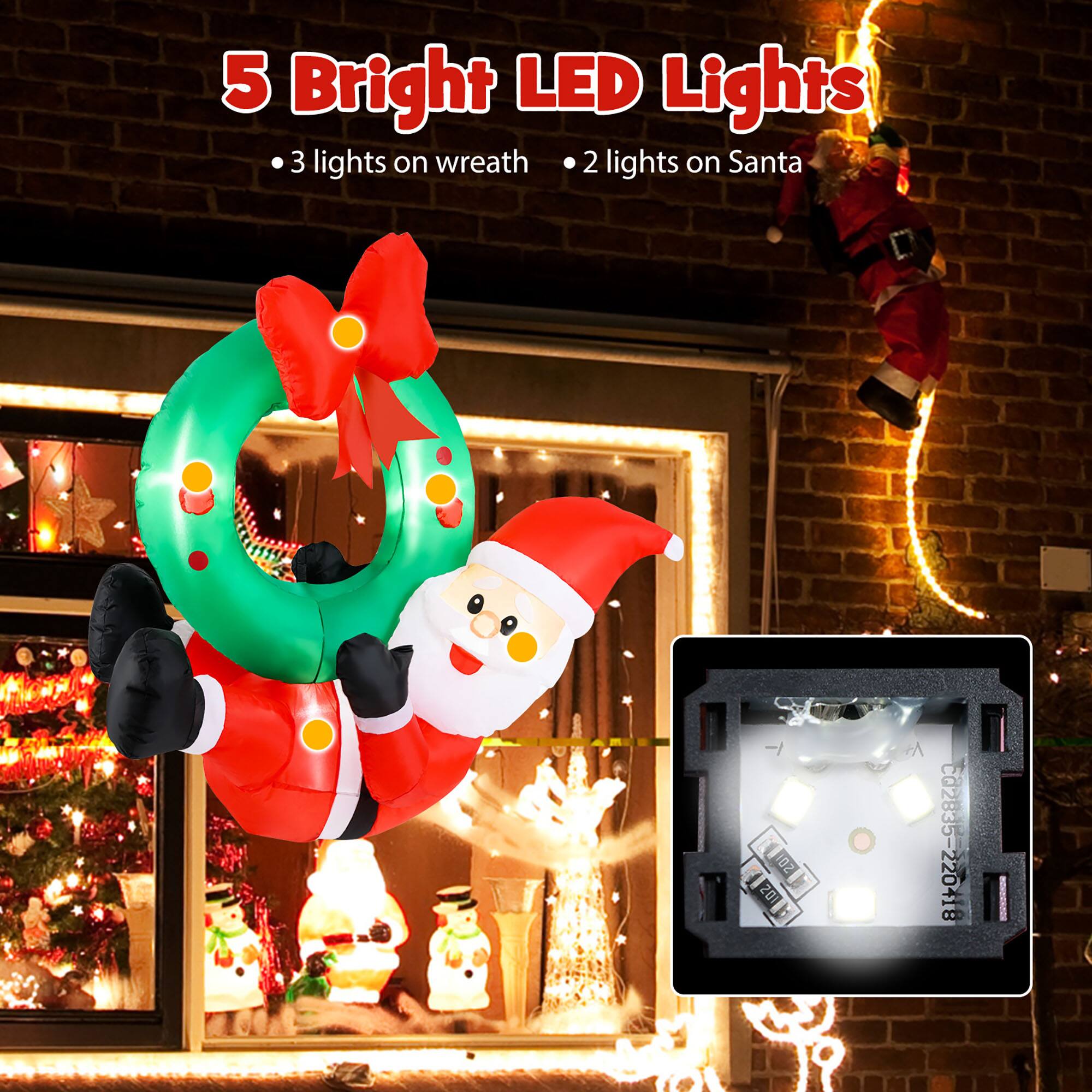 5 Bright LED Lights  
- 3 lights on wreath  
- 2 lights on Santa  

C02835-220418