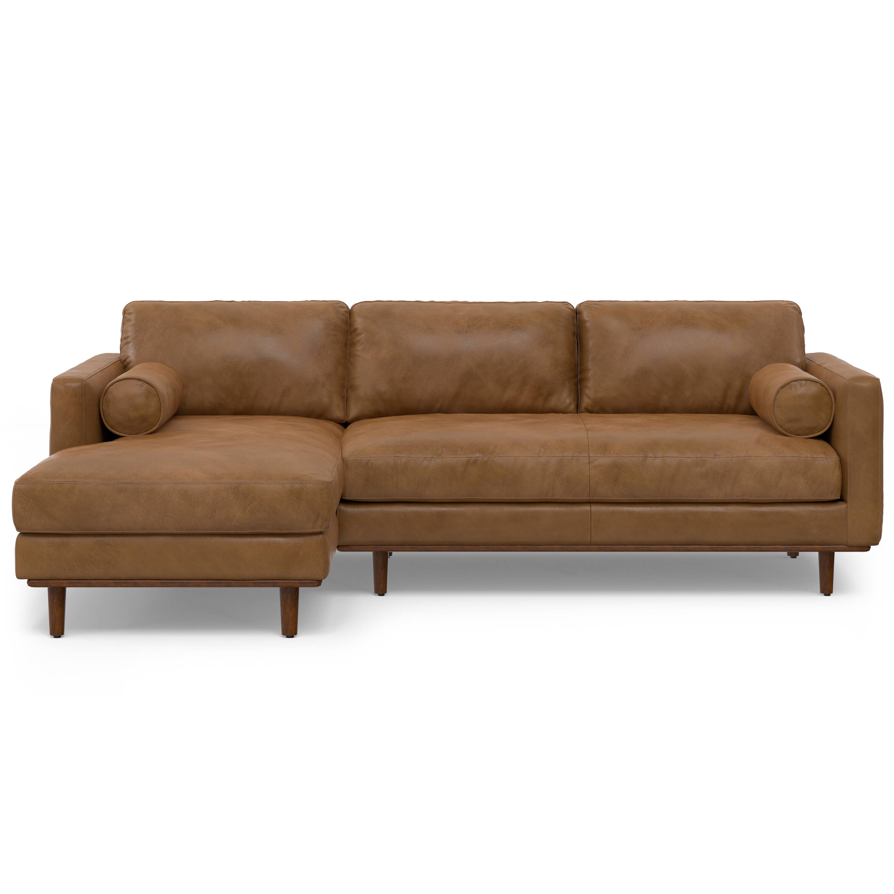 Left. Simpli Home - Morrison Mid Century Left Sectional 102 inch Wide Sofa Sectional in Caramel Brown Genuine Leather - Caramel Brown.