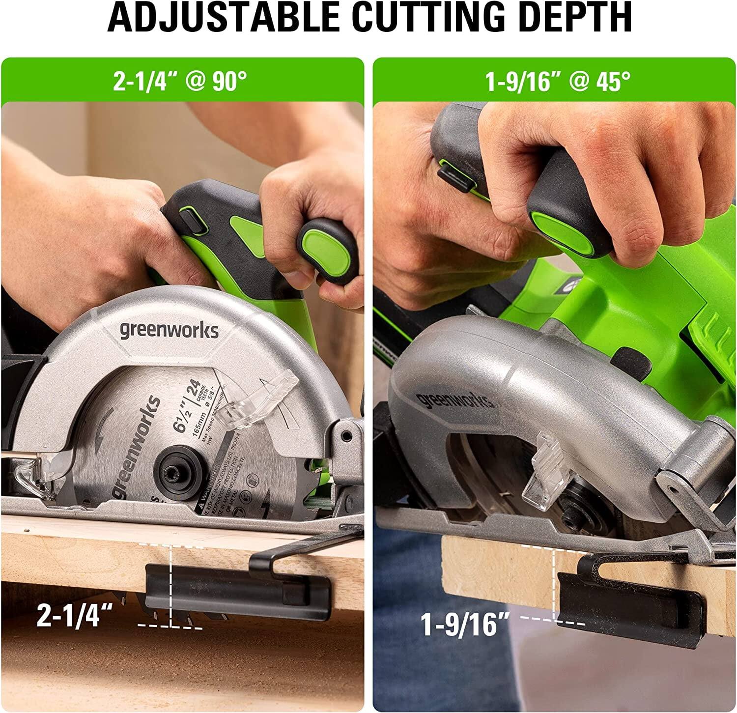 ADJUSTABLE CUTTING DEPTH

2-1/4" @ 90°

1-9/16" @ 45°

greenworks

2-1/4"

1-9/16"