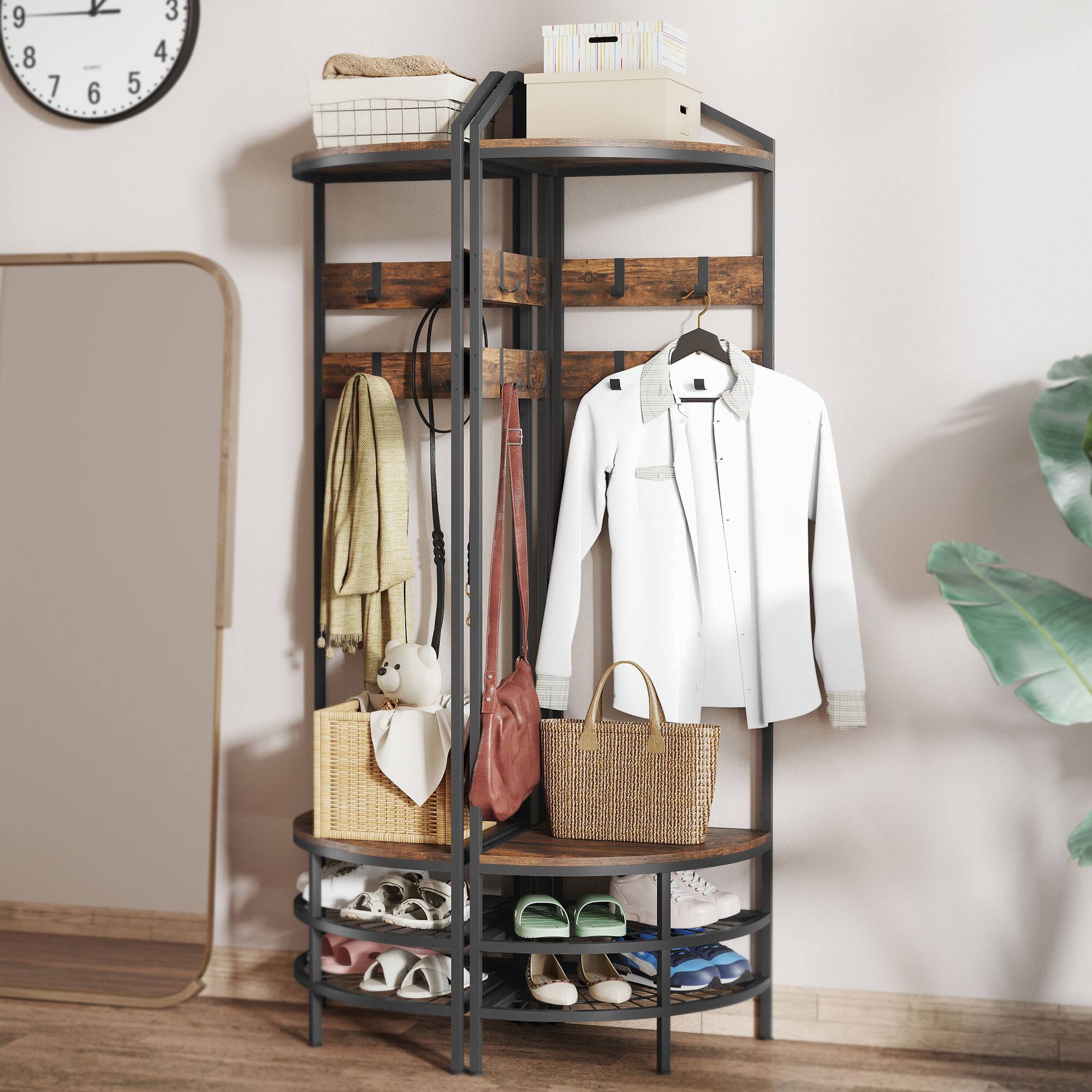Alt View 7. Homcom - Hall Tree, Industrial 4-Tier Coat Rack with Shoe Storage, 8 Movable Hooks and 2 Shelves for Hallway - Rustic Brown.
