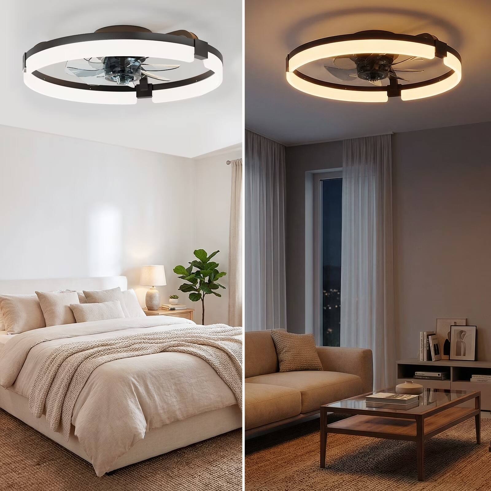 Left. Sweet - 19 Inch Caged Ceiling Fans with Lights Flush Mount with Remote,6 Speeds Reversible Silent Fandalier, Black - Black.