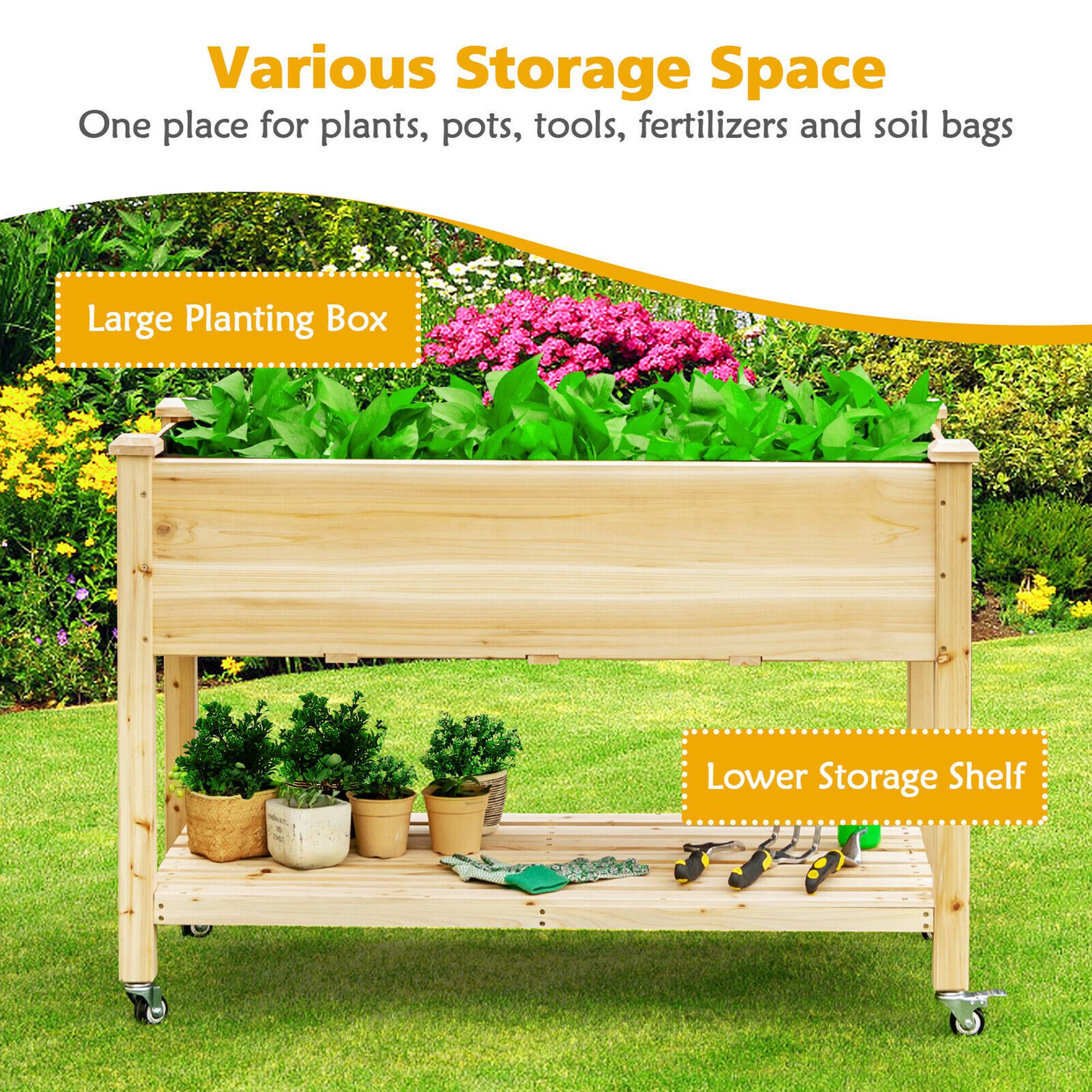 Various Storage Space: One place for plants, pots, tools, fertilizers and soil bags. Large Planting Box and Lower Storage Shelf.