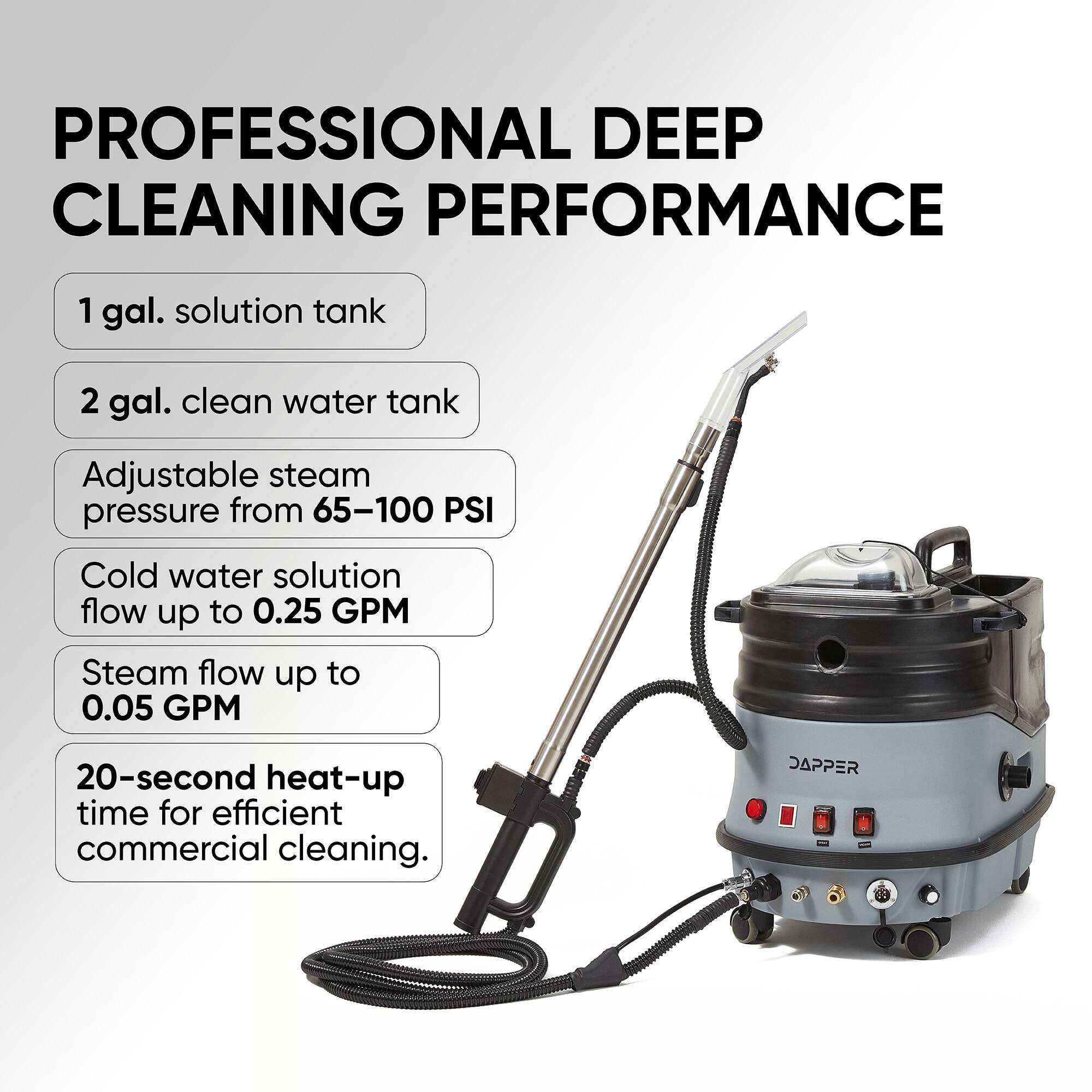 PROFESSIONAL DEEP CLEANING PERFORMANCE

- 1 gal. solution tank
- 2 gal. clean water tank
- Adjustable steam pressure from 65-100 PSI
- Cold water solution flow up to 0.25 GPM
- Steam flow up to 0.05 GPM
- 20-second heat-up time for efficient commercial cleaning.