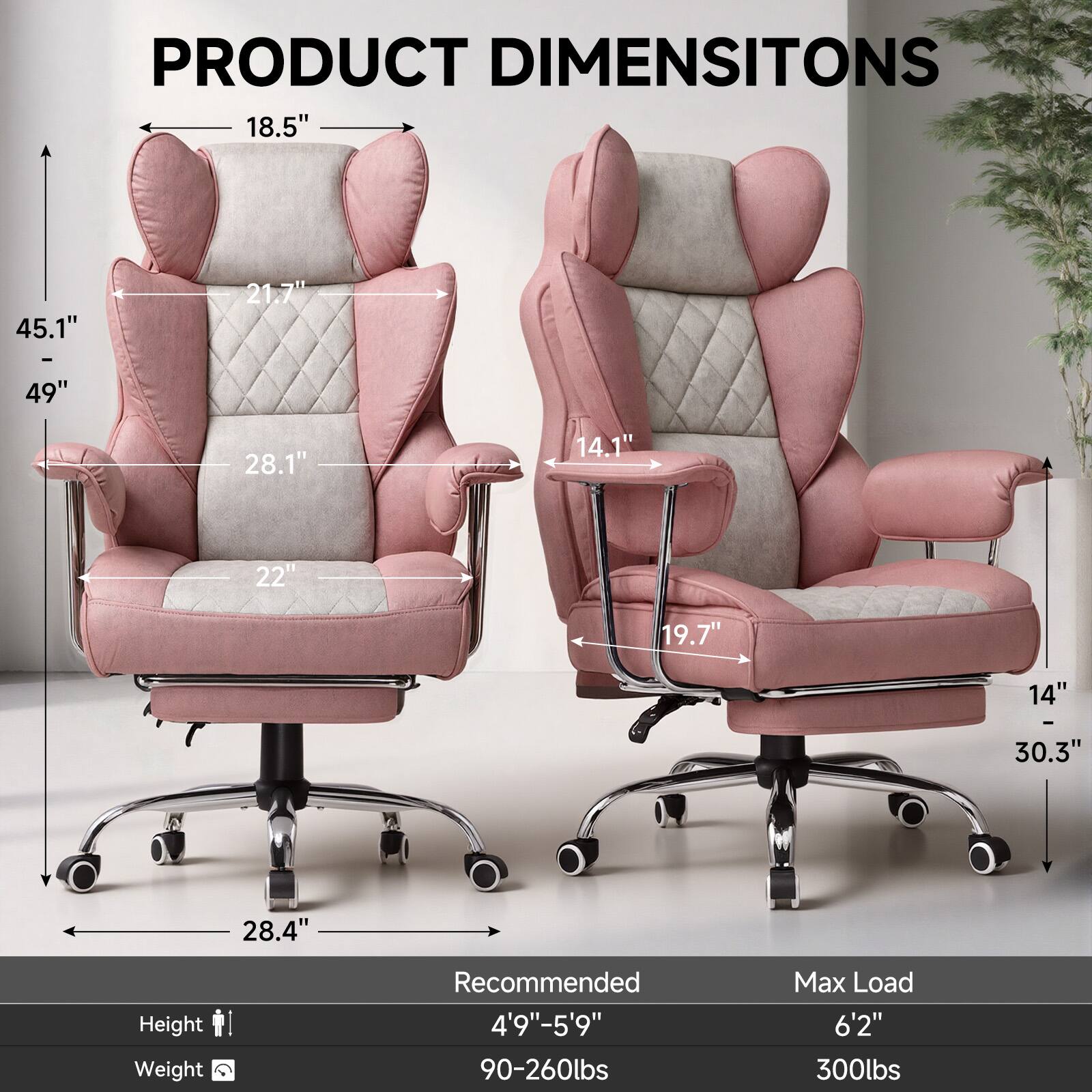 PRODUCT DIMENSIONS  
18.5" 45.1" 21.7" 49" 28.1" 14.1" 22" 19.7" 14" - 30.3" 28.4"  

Recommended  
Height: 4'9"-5'9"  
Weight: 90-260lbs  

Max Load  
Height: 6'2"  
Weight: 300lbs