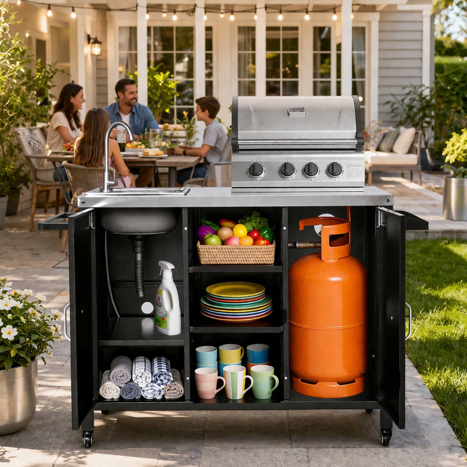 Alt View 9. Winado - Rolling Grill Cart Movable Table with Wheel, Cabinet, Sink, Handle for Kitchen Island Outdoor Grill Camping Picnic Party - Black.