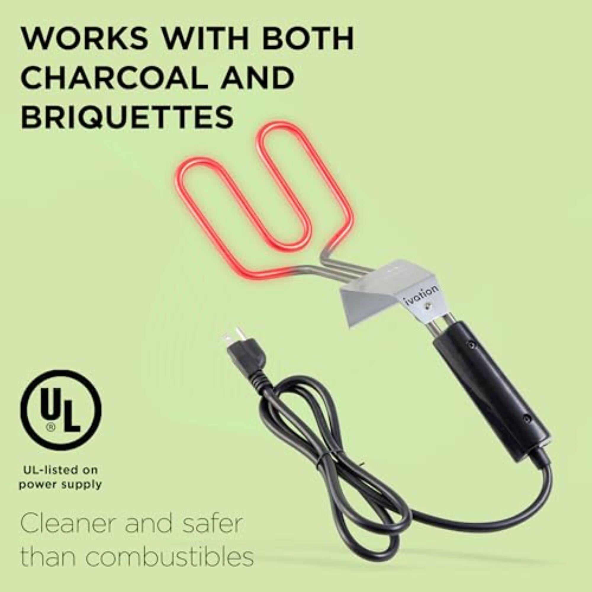 WORKS WITH BOTH CHARCOAL AND BRIQUETTES UL-listed on power supply Cleaner and safer than combustibles