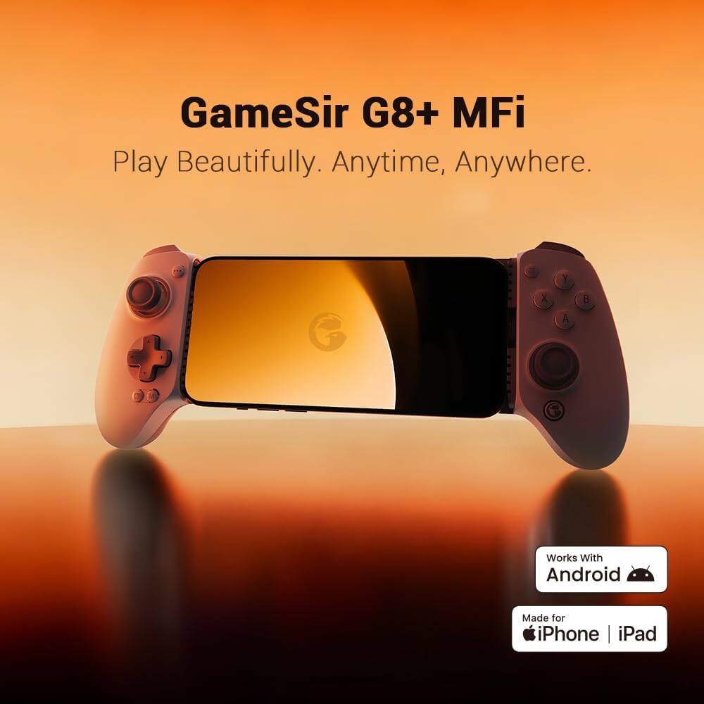 GameSir G8+ MFi  
Play Beautifully. Anytime, Anywhere.  

Works With Android  
Made for iPhone | iPad