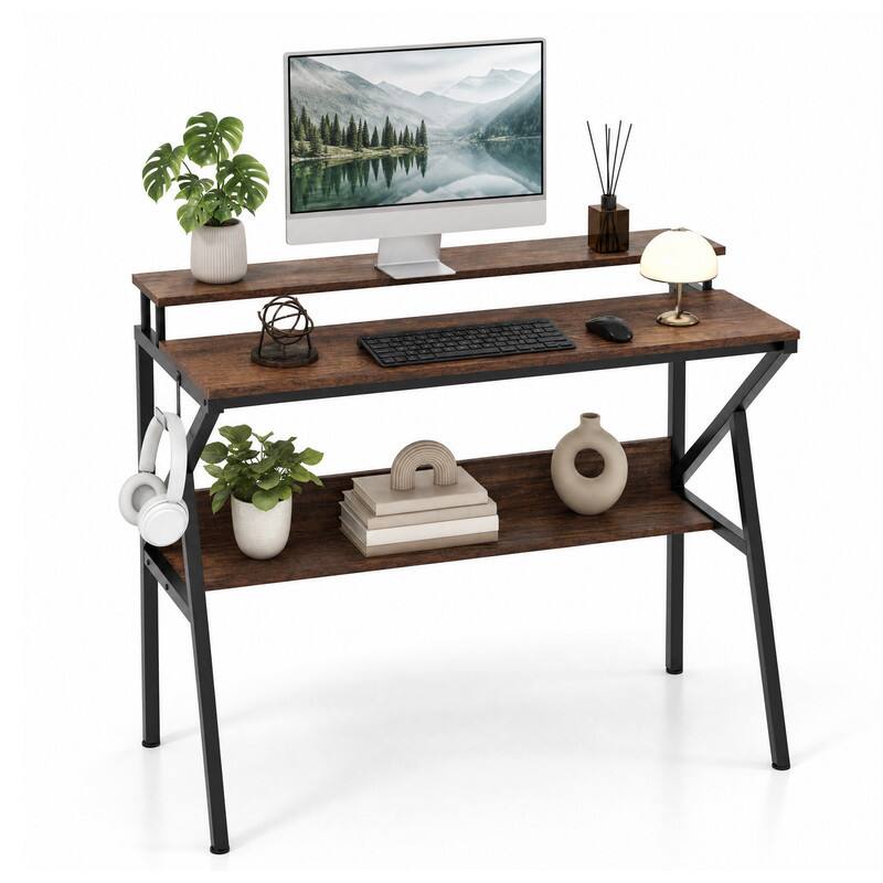 Alt View 4. WELLFOR - 39.5 " Modern Computer Desk with Monitor Stand & Storage Shelf, Small Gaming Desk for Home Office - Rustic Brown.