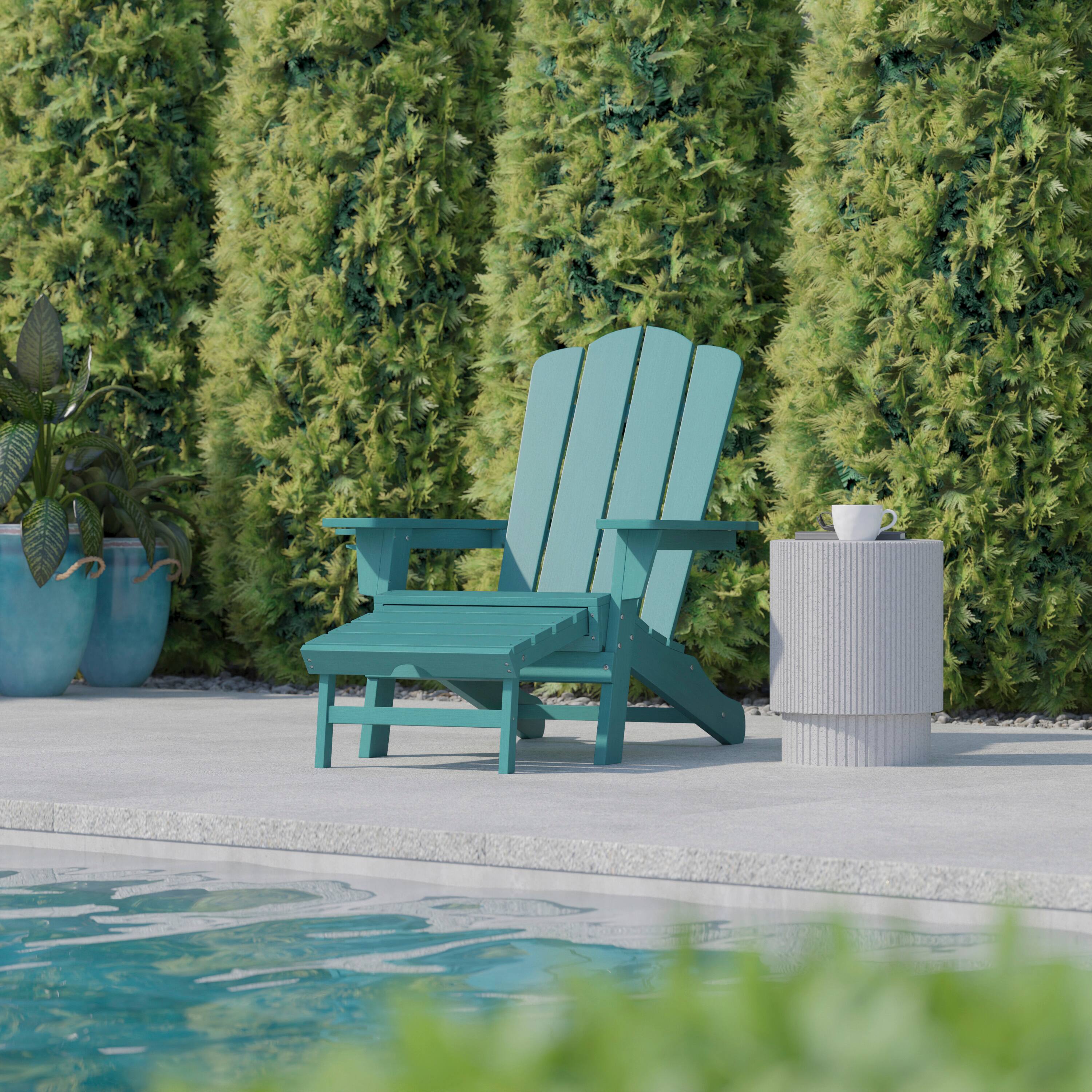 Alt View 2. Flash Furniture - Newport HDPE Adirondack Chair with Cup Holder and Pull Out Ottoman, All-Weather HDPE Indoor/Outdoor Lounge Chair in Blue - Blue.